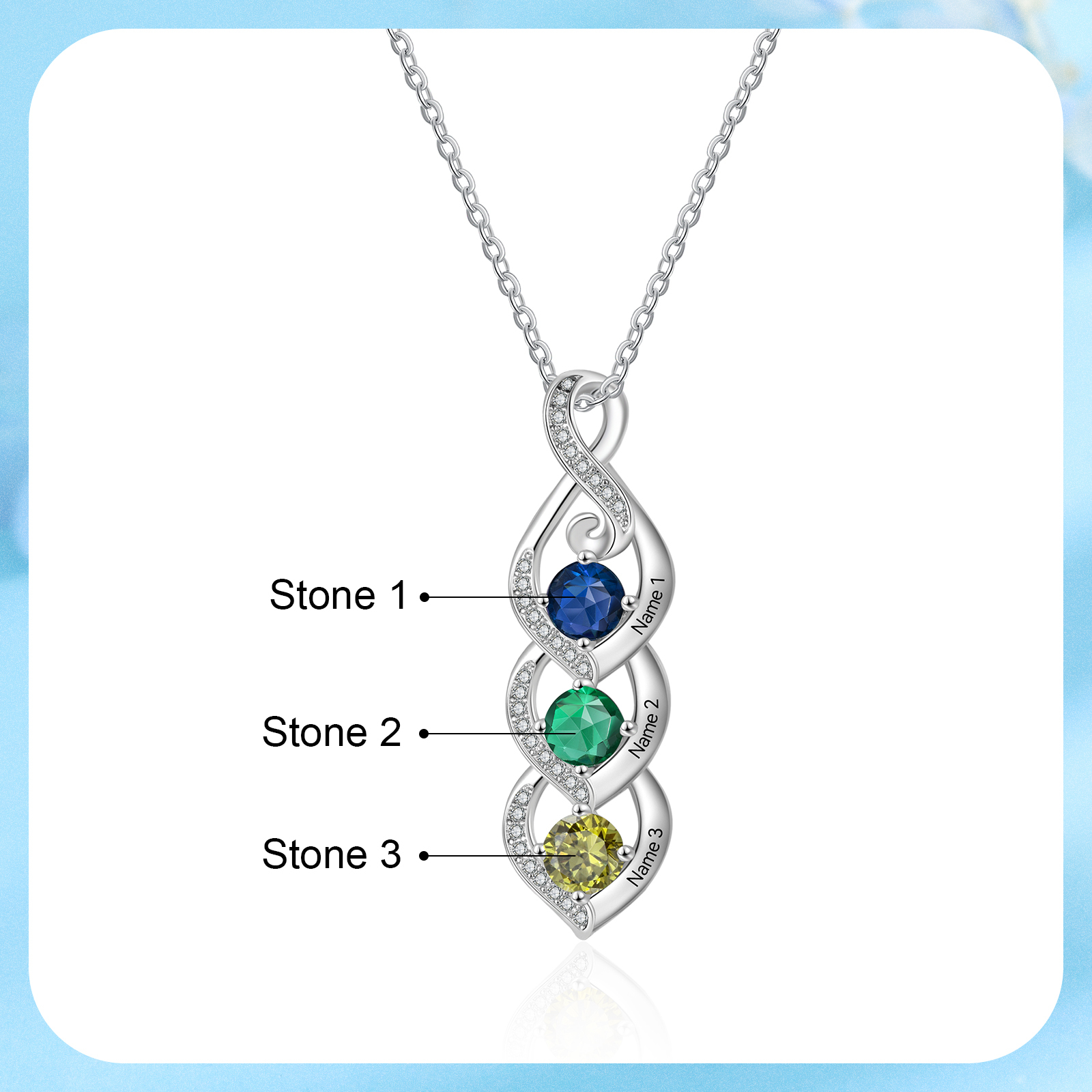 Personalised Necklace with 3 Names & 3 Birthstones Pendant - Christmas Gift for Mum/Wife | Jessemade