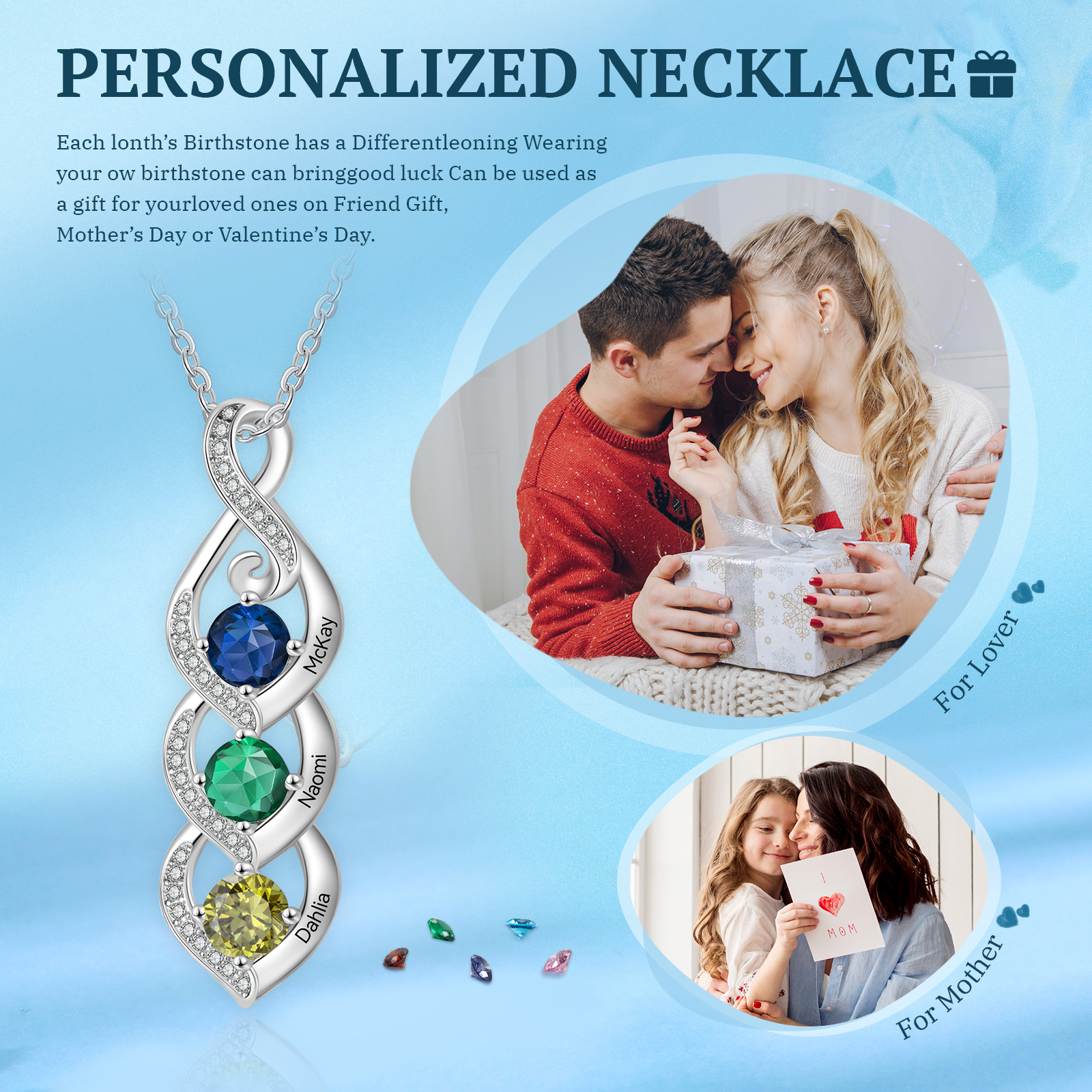 Personalised Necklace with 3 Names & 3 Birthstones Pendant - Christmas Gift for Mum/Wife | Jessemade