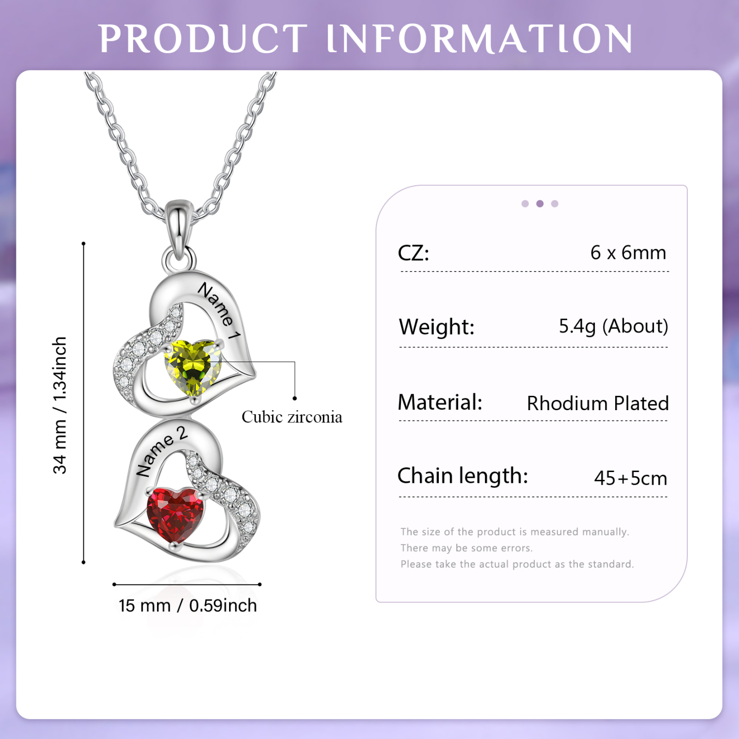 Personalised Heart-Shaped Birthstone Necklace - Custom 2 Names & 2 Birthstones Christmas Gift for Her | Jessemade