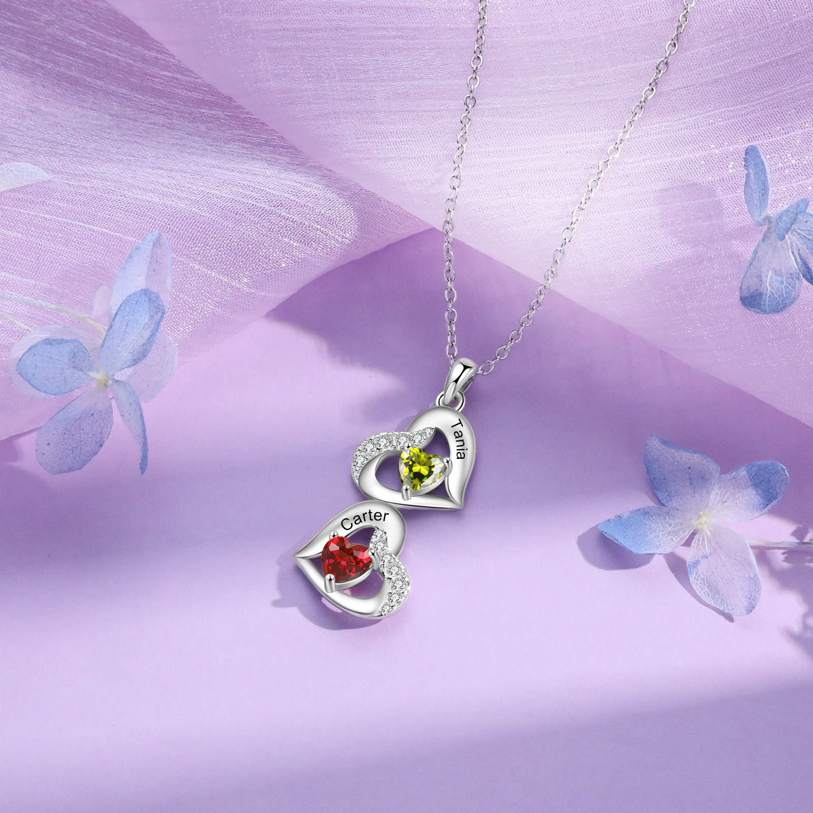 Personalised Heart-Shaped Birthstone Necklace - Custom 2 Names & 2 Birthstones Christmas Gift for Her | Jessemade