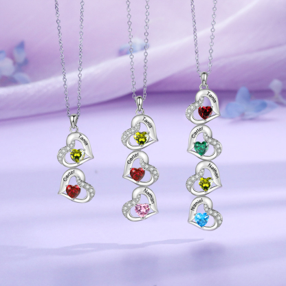 Personalised Heart-Shaped Birthstone Necklace - Custom 3 Names & 3 Birthstones Christmas Gift for Her | Jessemade