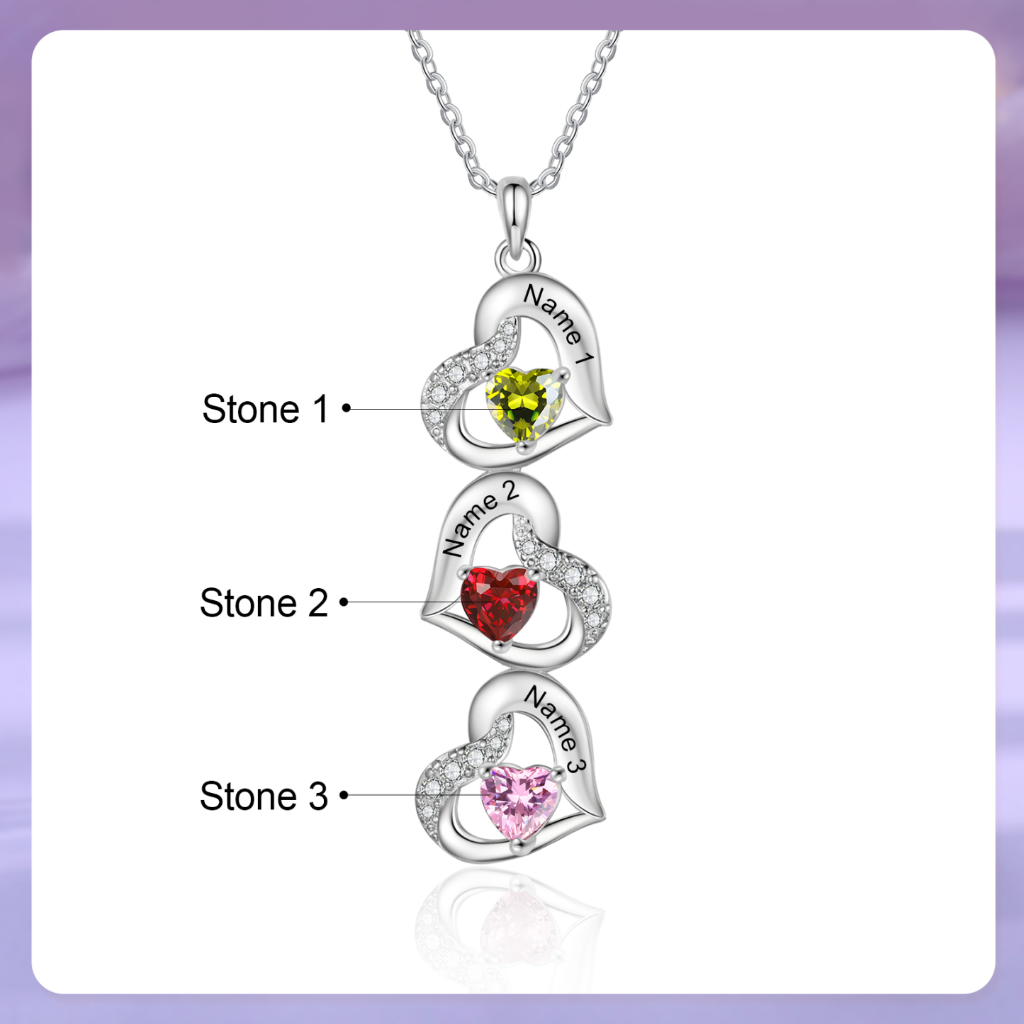 Personalised Heart-Shaped Birthstone Necklace - Custom 3 Names & 3 Birthstones Christmas Gift for Her | Jessemade