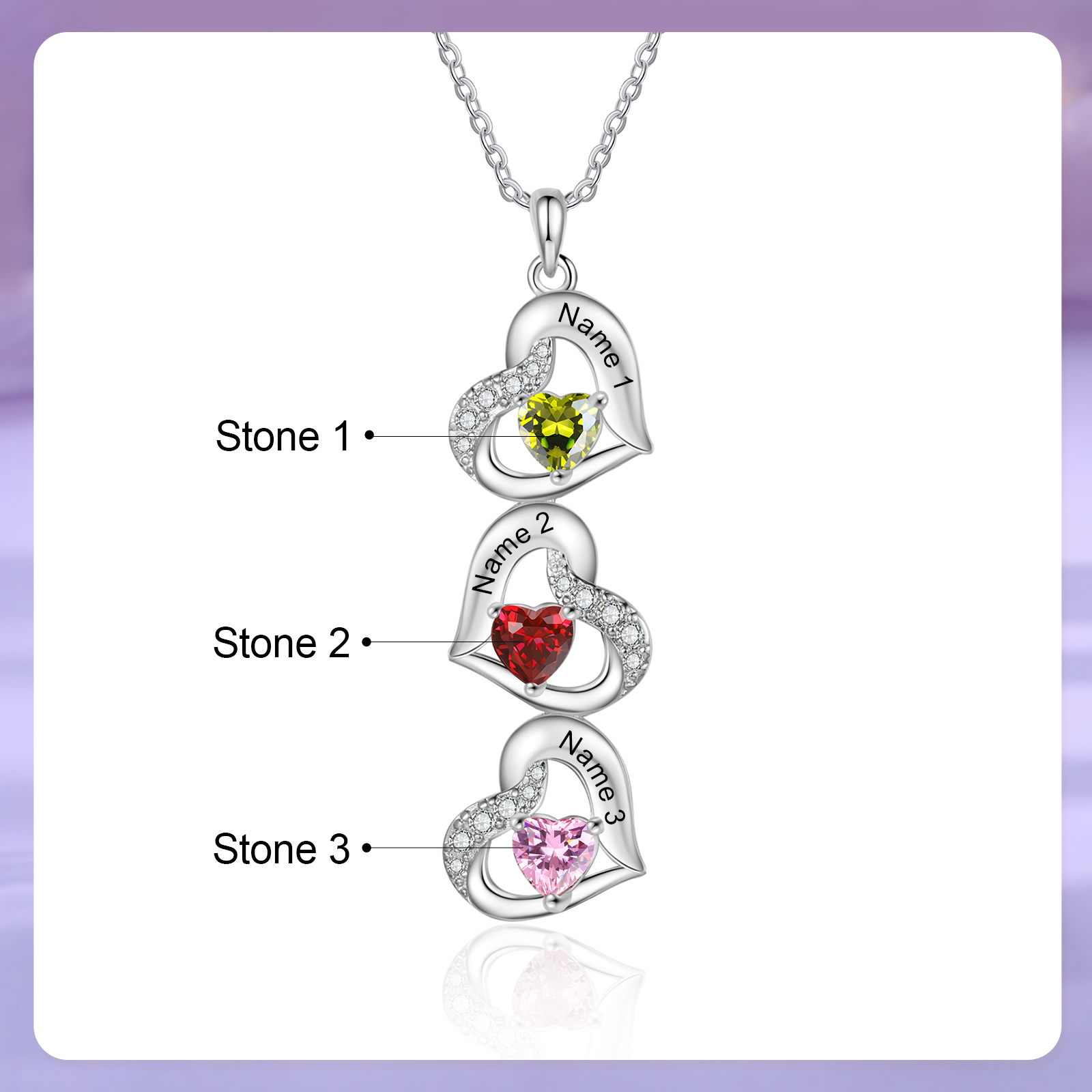 Personalised Heart-Shaped Birthstone Necklace - Custom 3 Names & 3 Birthstones Christmas Gift for Her | Jessemade