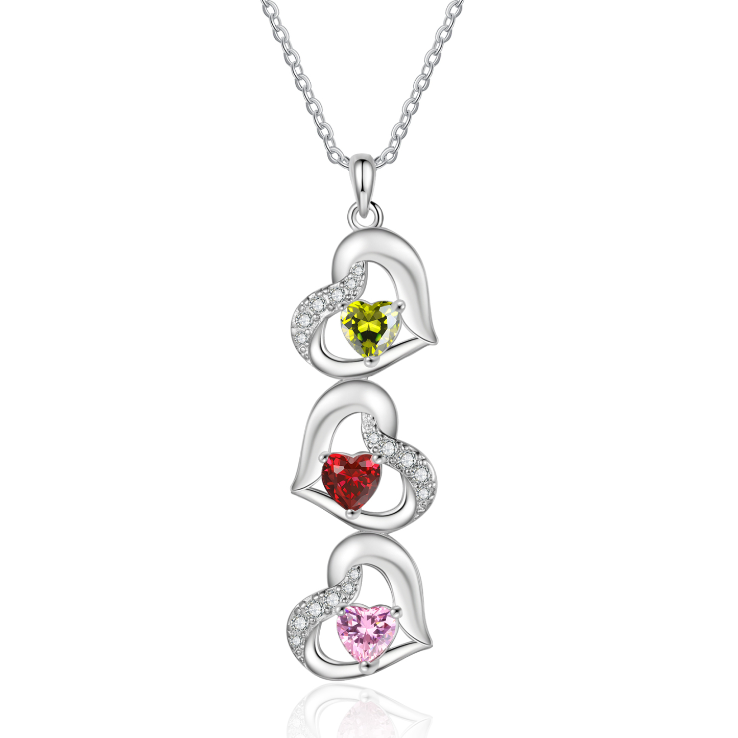 Personalised Heart-Shaped Birthstone Necklace - Custom 3 Names & 3 Birthstones Christmas Gift for Her | Jessemade