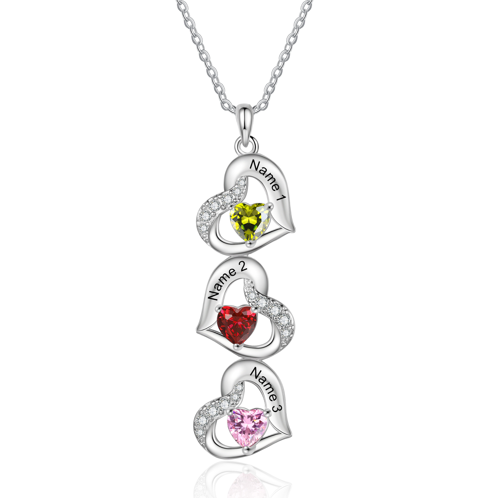 Personalised Heart-Shaped Birthstone Necklace - Custom 3 Names & 3 Birthstones Christmas Gift for Her | Jessemade