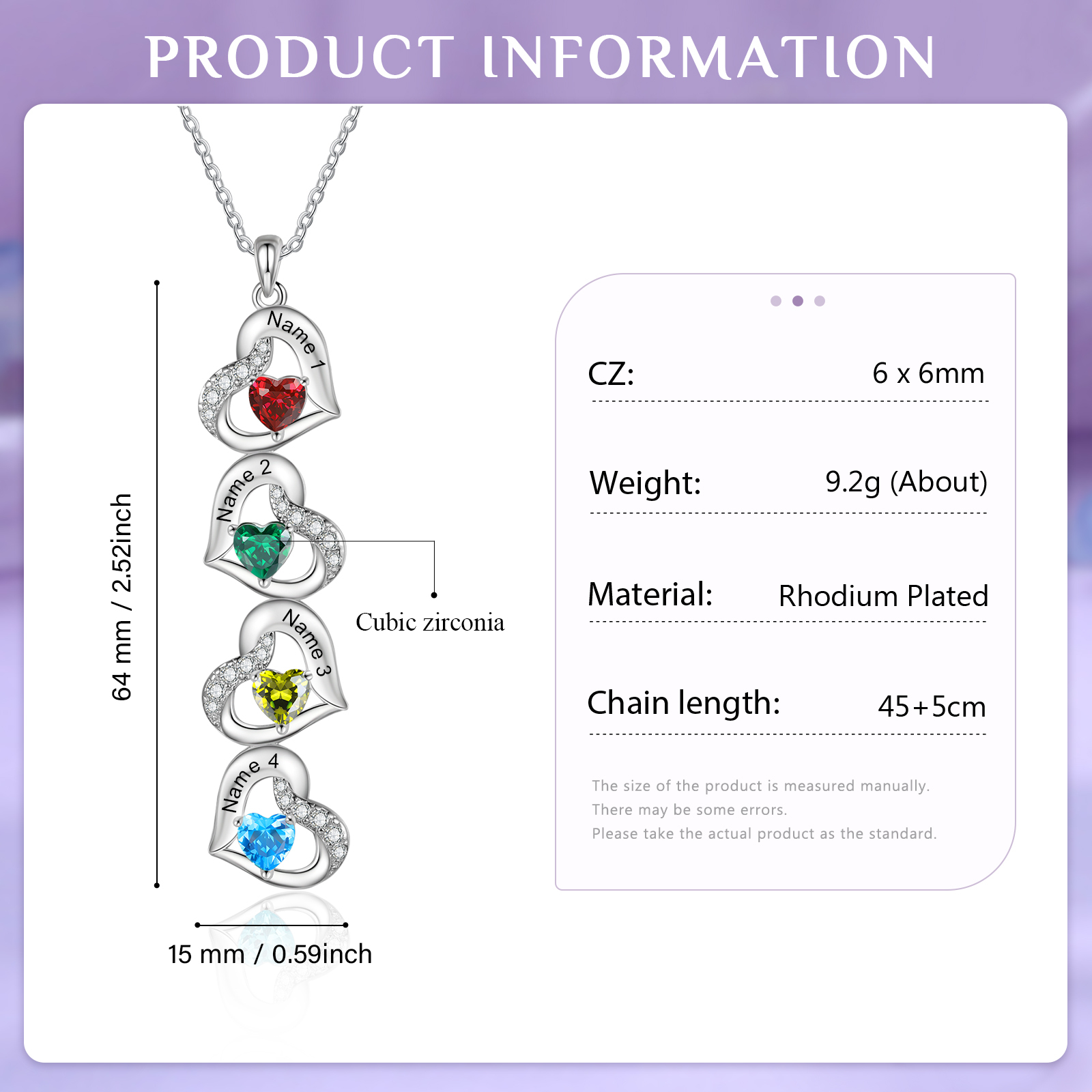 Personalised Heart-Shaped Birthstone Necklace - Custom 4 Names & 4 Birthstones Christmas Gift for Her | Jessemade