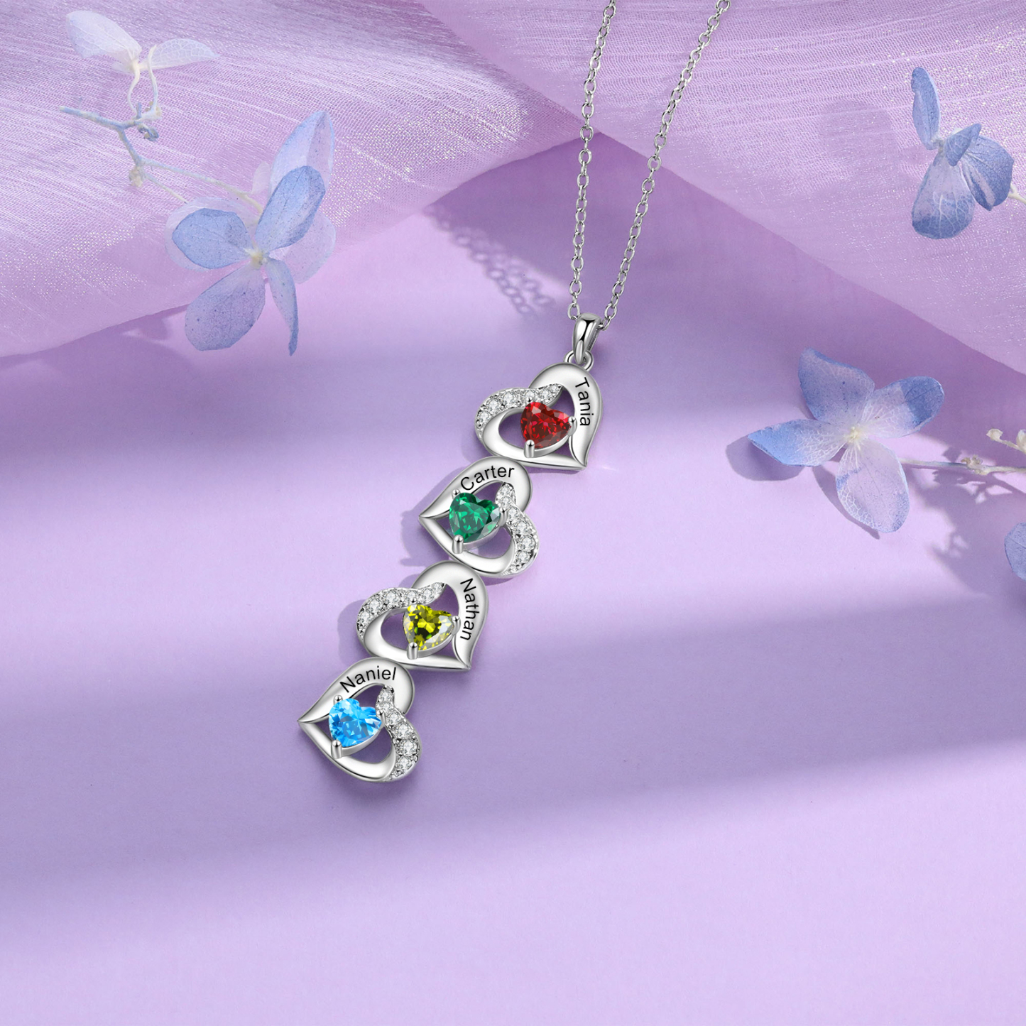 Personalised Heart-Shaped Birthstone Necklace - Custom 4 Names & 4 Birthstones Christmas Gift for Her | Jessemade