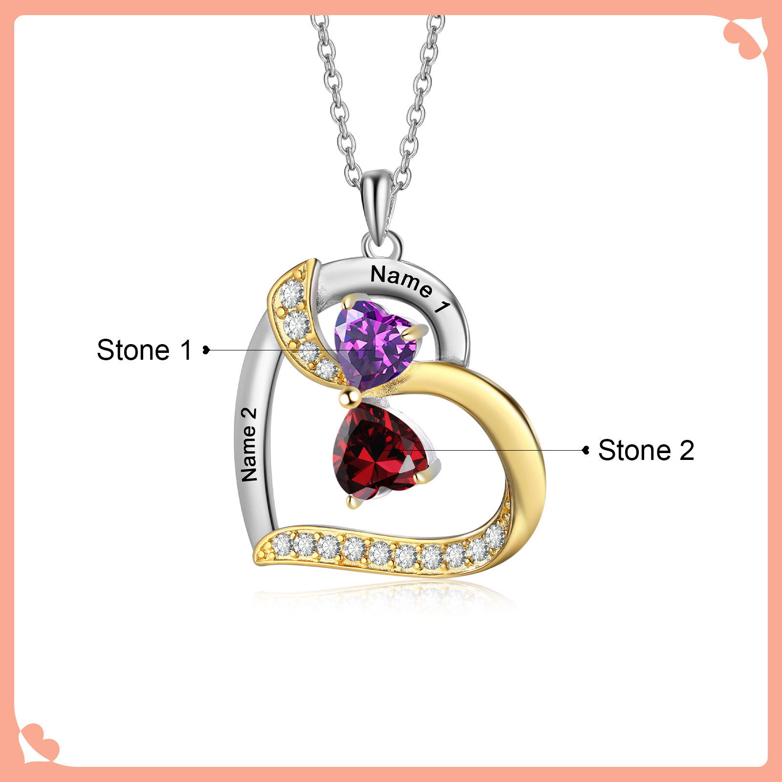 Personalised Heart Necklace with 2 Birthstones & 2 Names Heart Pendant Christmas Gift for Her | Jessemade