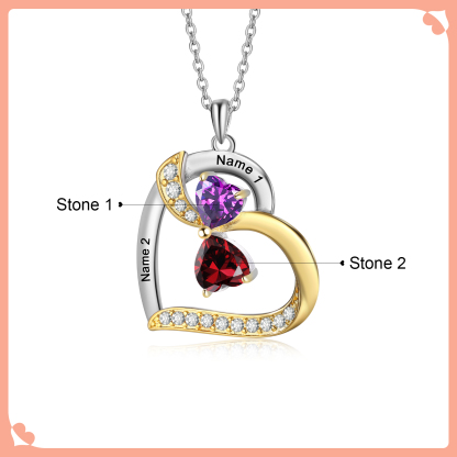 Personalised Heart Necklace with 2 Birthstones & 2 Names Heart Pendant Christmas Gift for Her | Jessemade