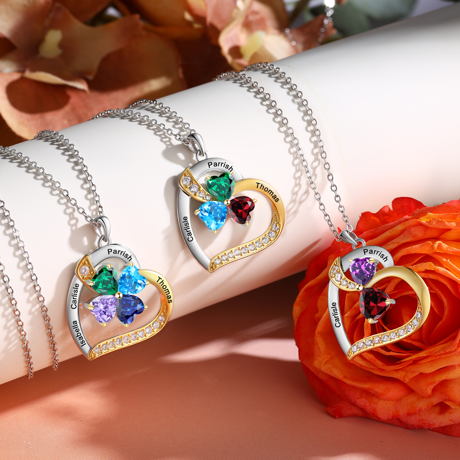 Personalised Heart Necklace with 3 Birthstones & 3 Names Heart Pendant Christmas Gift for Her | Jessemade