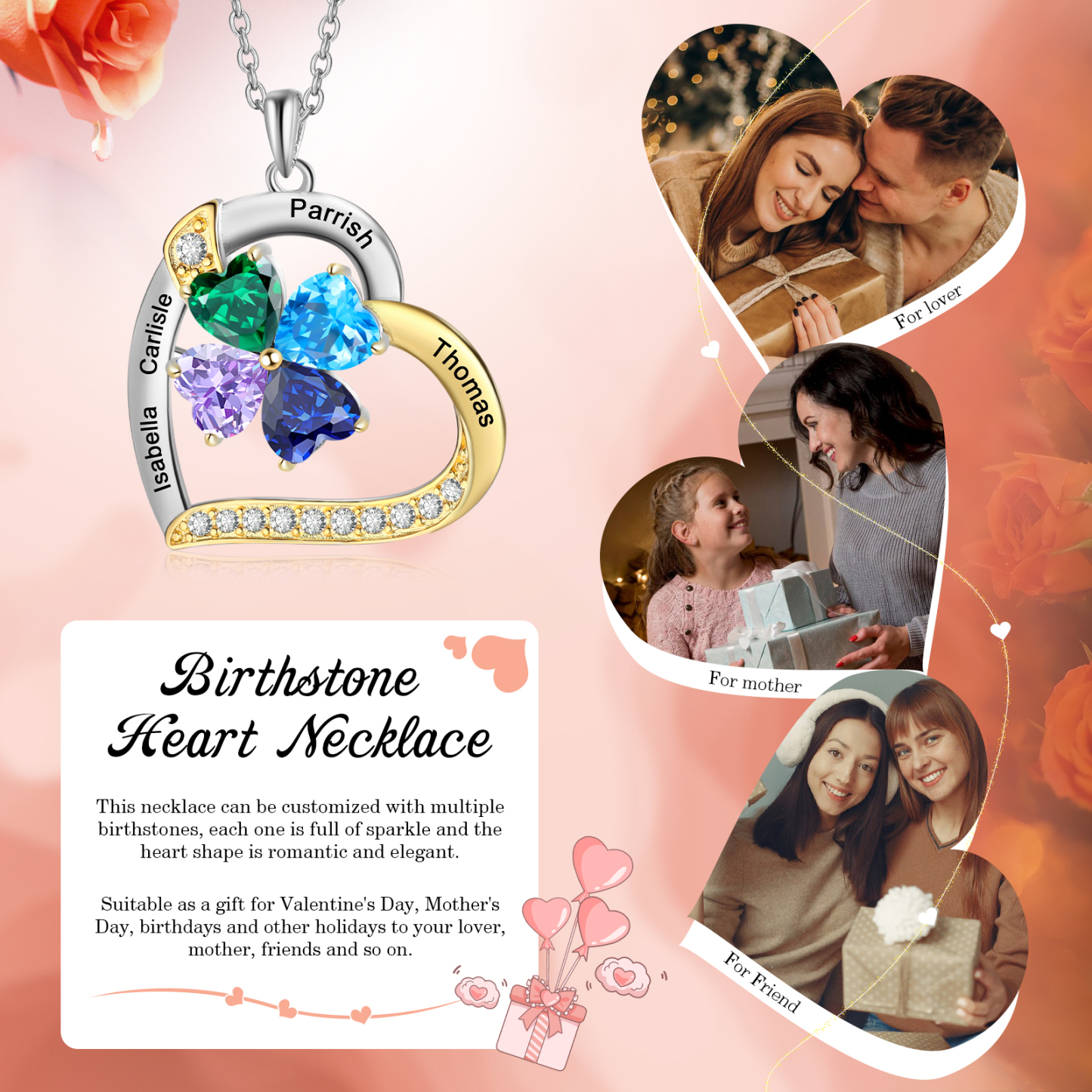 Personalised Heart Necklace with 4 Birthstones & 4 Names Heart Pendant Christmas Gift for Her | Jessemade