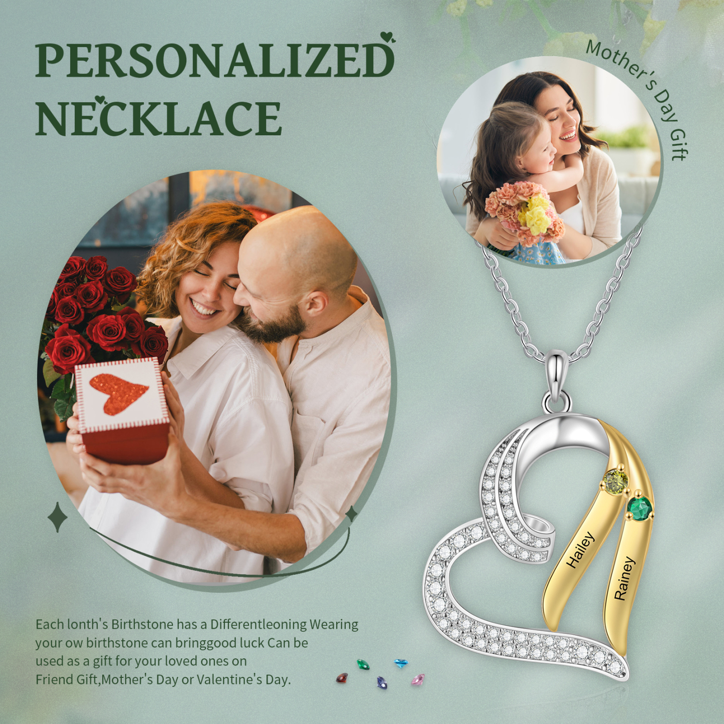 Personalised Heart Necklace with 2 Names & 2 Birthstones Jewelry Pendant Christmas Gift for Her | Jessemade