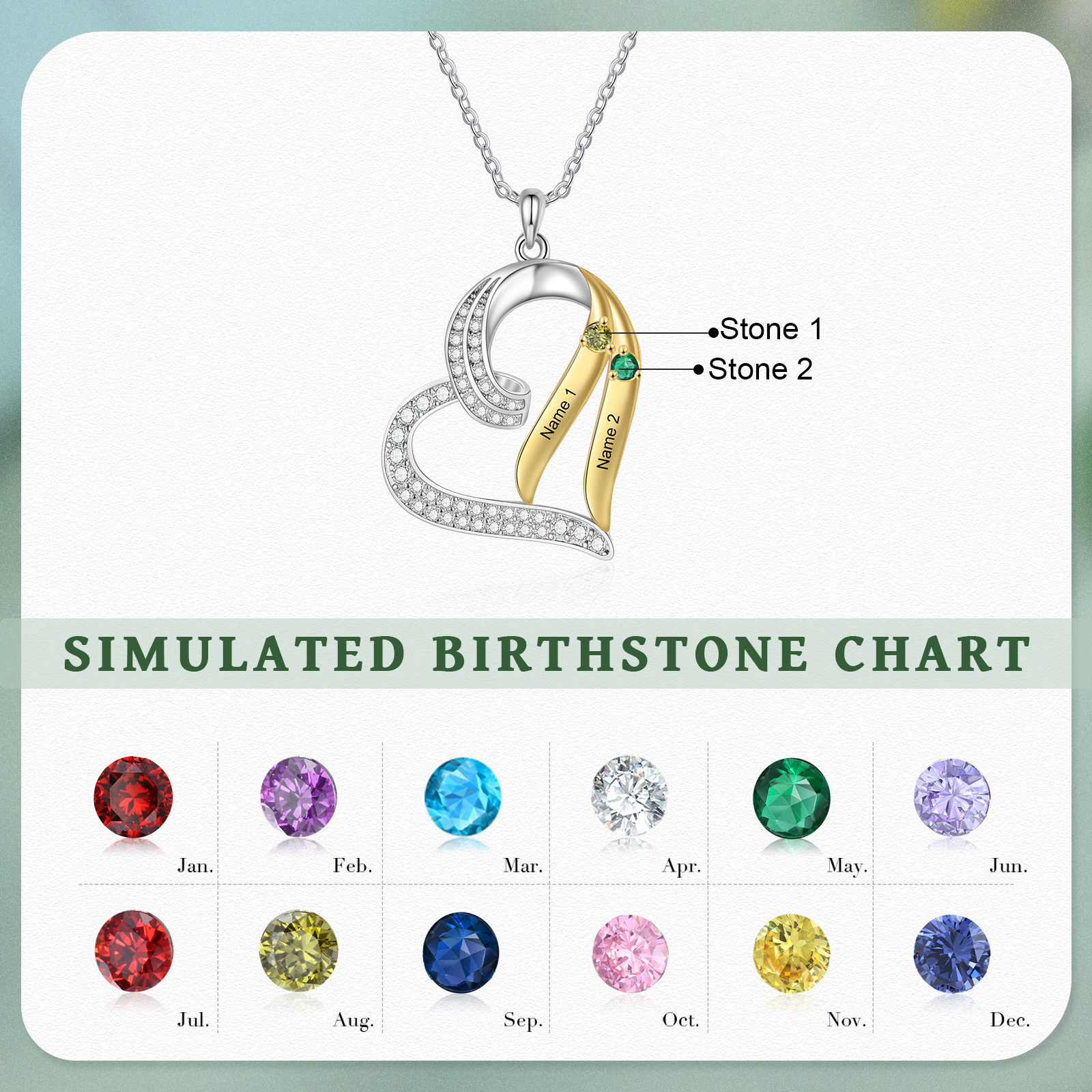 Personalised Heart Necklace with 2 Names & 2 Birthstones Jewelry Pendant Christmas Gift for Her | Jessemade