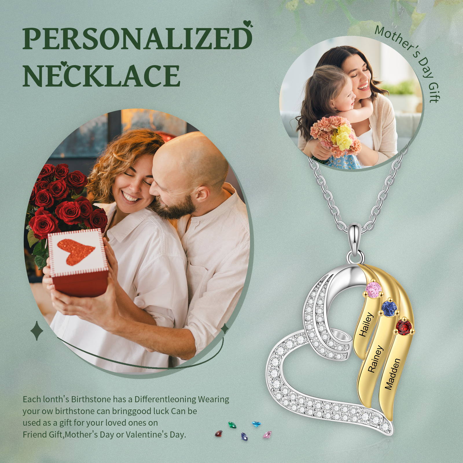 Personalised Heart Necklace with 3 Names & 3 Birthstones Jewelry Pendant Christmas Gift for Her | Jessemade