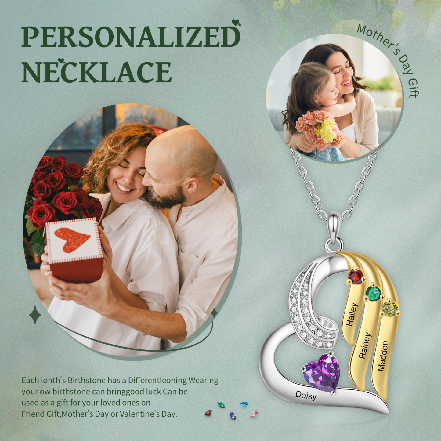 Personalised Heart Necklace with 4 Names & 4 Birthstones Jewelry Pendant Christmas Gift for Her | Jessemade