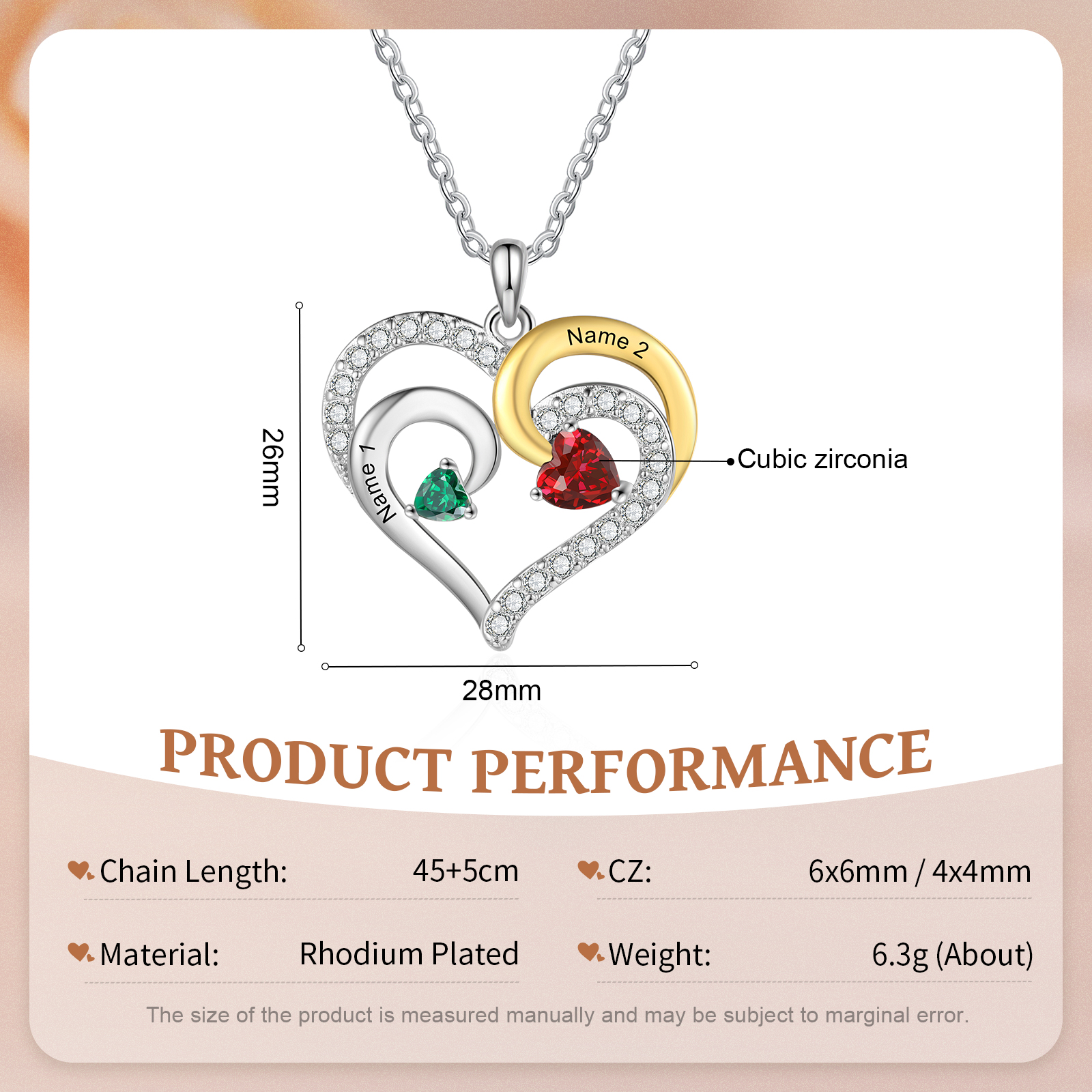 Personalised Birthstone Necklace with 2 Birthstones & 2 Names Heart Pendant Christmas Gift for Her | Jessemade