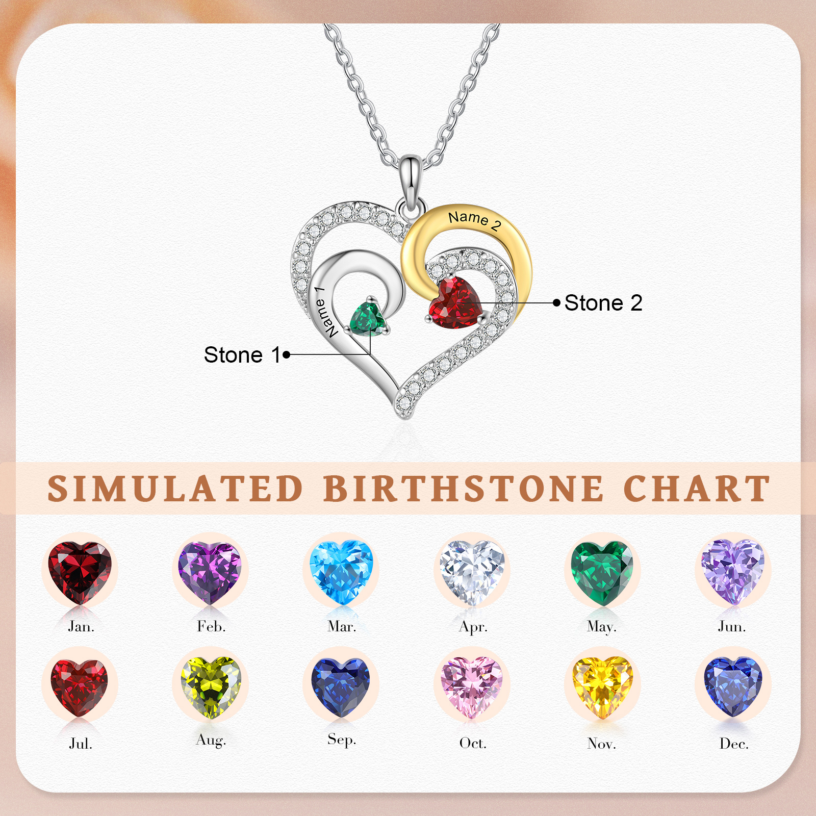 Personalised Birthstone Necklace with 2 Birthstones & 2 Names Heart Pendant Christmas Gift for Her | Jessemade