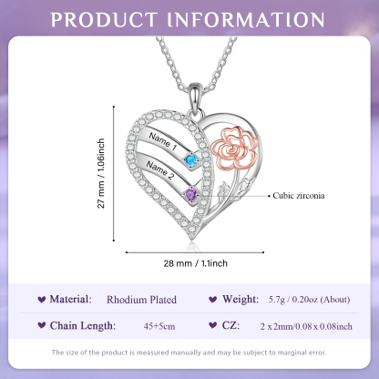 Collana Cuore Personalizzata - Ciondolo Donna con 2 Nomi e 2 Pietre di Nascita, Design Elegante con Fiore Delicato | Regalo di Natale per Mamma/Nonna | Jessemade