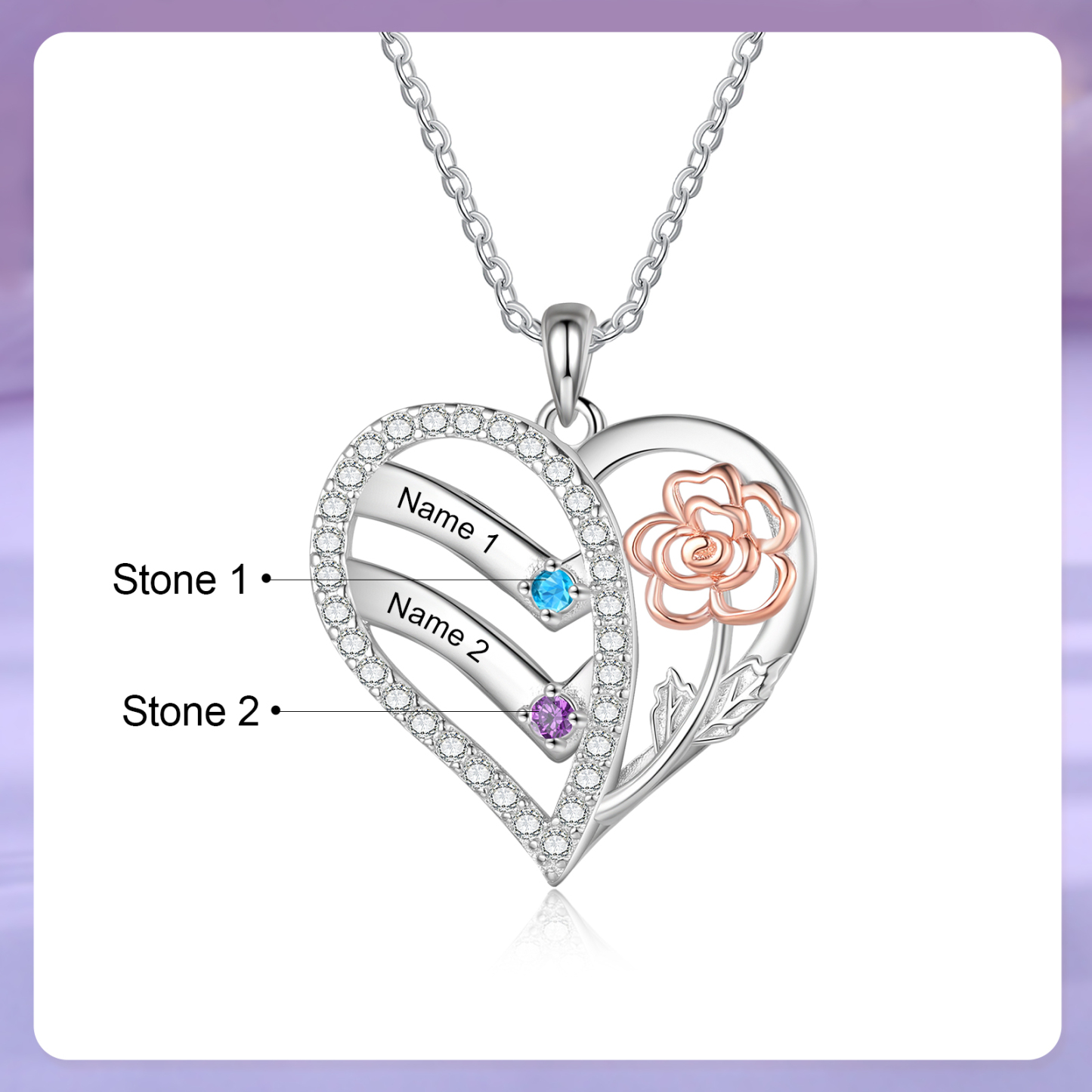 Collana Cuore Personalizzata - Ciondolo Donna con 2 Nomi e 2 Pietre di Nascita, Design Elegante con Fiore Delicato | Regalo di Natale per Mamma/Nonna | Jessemade