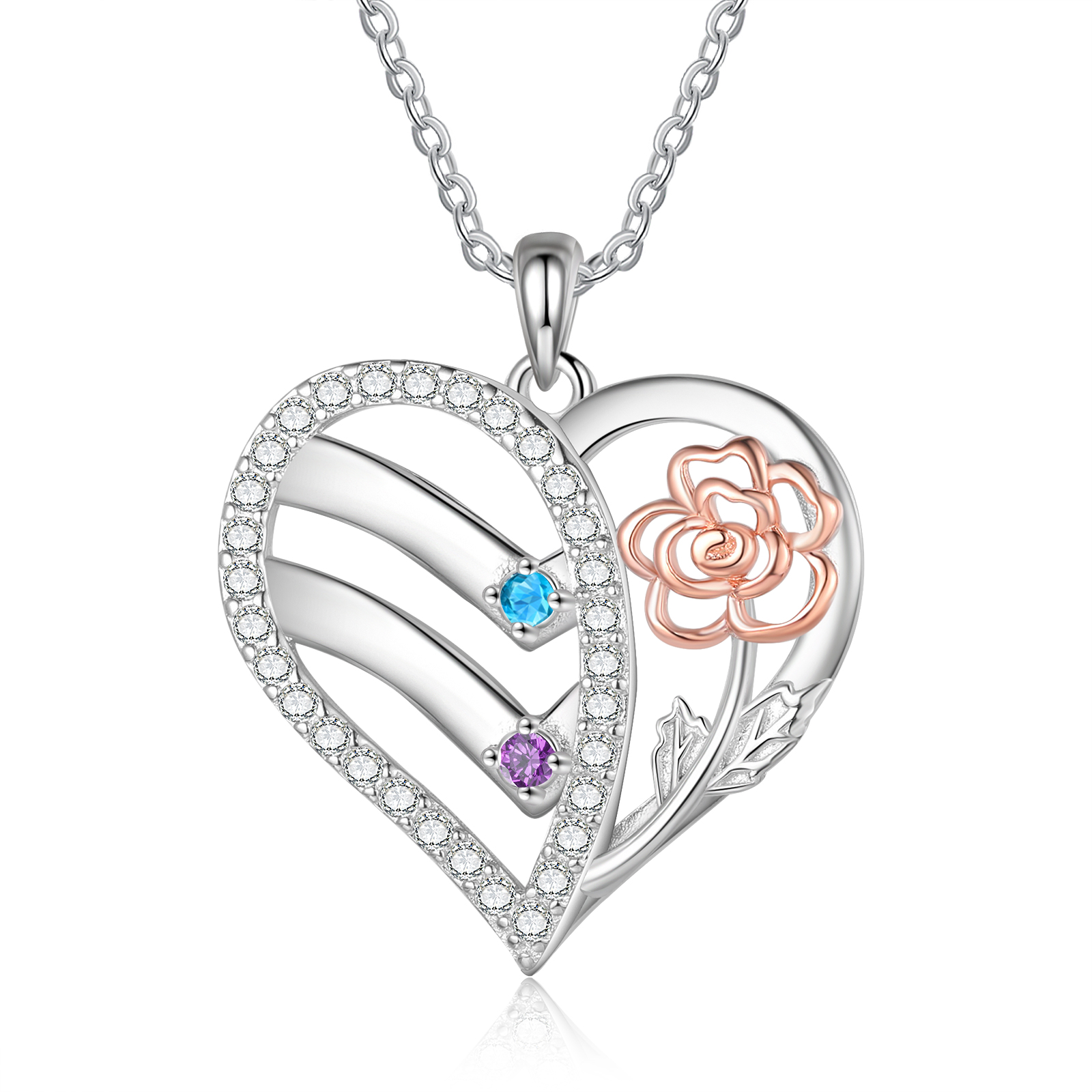 Collana Cuore Personalizzata - Ciondolo Donna con 2 Nomi e 2 Pietre di Nascita, Design Elegante con Fiore Delicato | Regalo di Natale per Mamma/Nonna | Jessemade