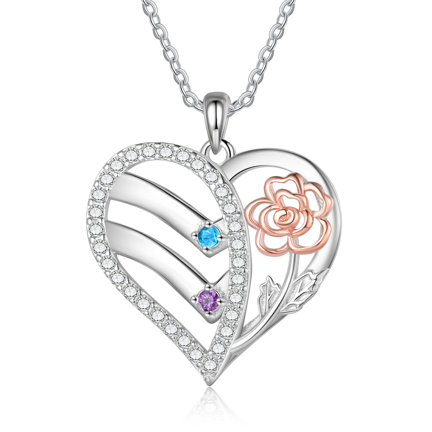 Collana Cuore Personalizzata - Ciondolo Donna con 2 Nomi e 2 Pietre di Nascita, Design Elegante con Fiore Delicato | Regalo di Natale per Mamma/Nonna | Jessemade
