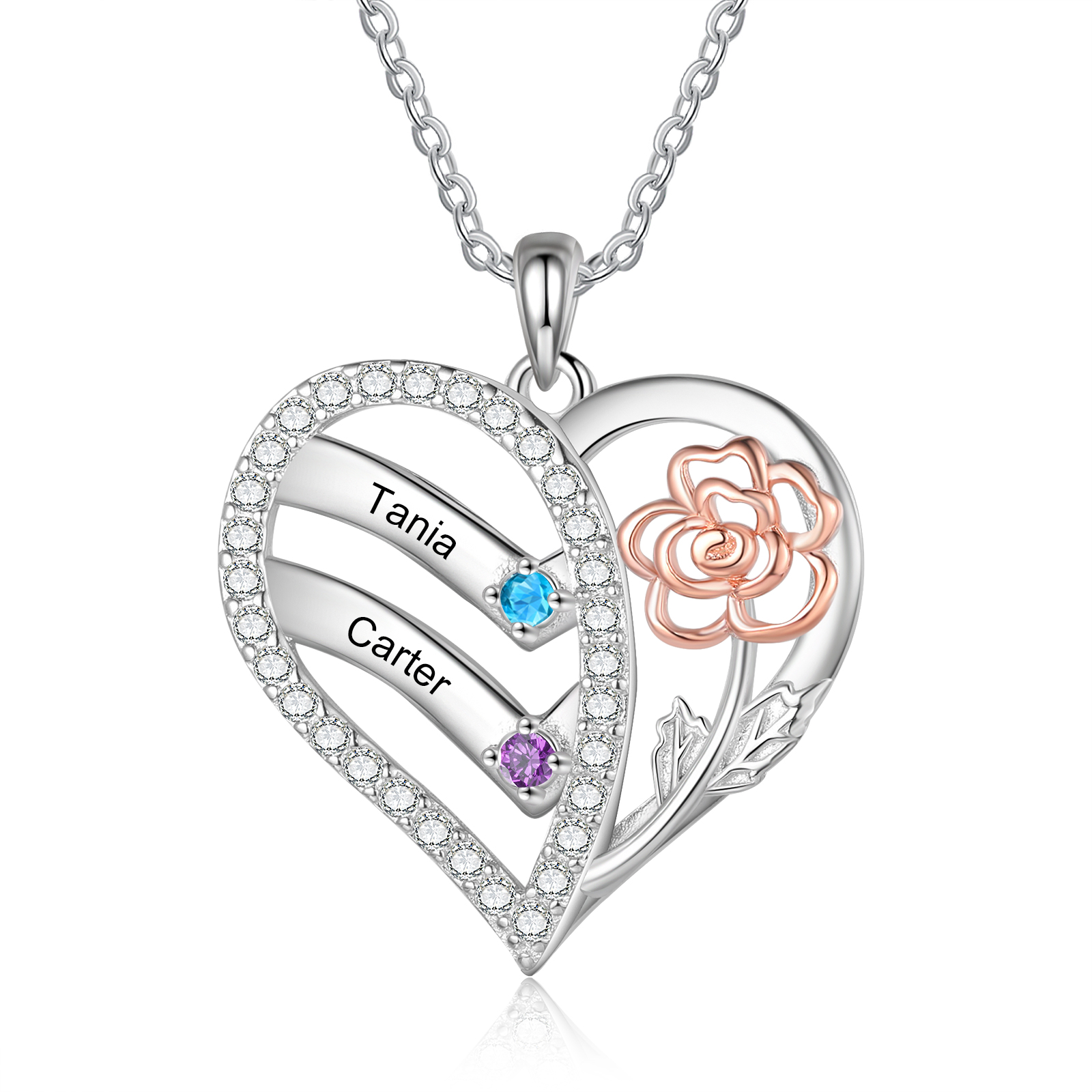 Collana Cuore Personalizzata - Ciondolo Donna con 2 Nomi e 2 Pietre di Nascita, Design Elegante con Fiore Delicato | Regalo di Natale per Mamma/Nonna | Jessemade