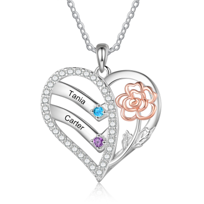 Collana Cuore Personalizzata - Ciondolo Donna con 2 Nomi e 2 Pietre di Nascita, Design Elegante con Fiore Delicato | Regalo di Natale per Mamma/Nonna | Jessemade