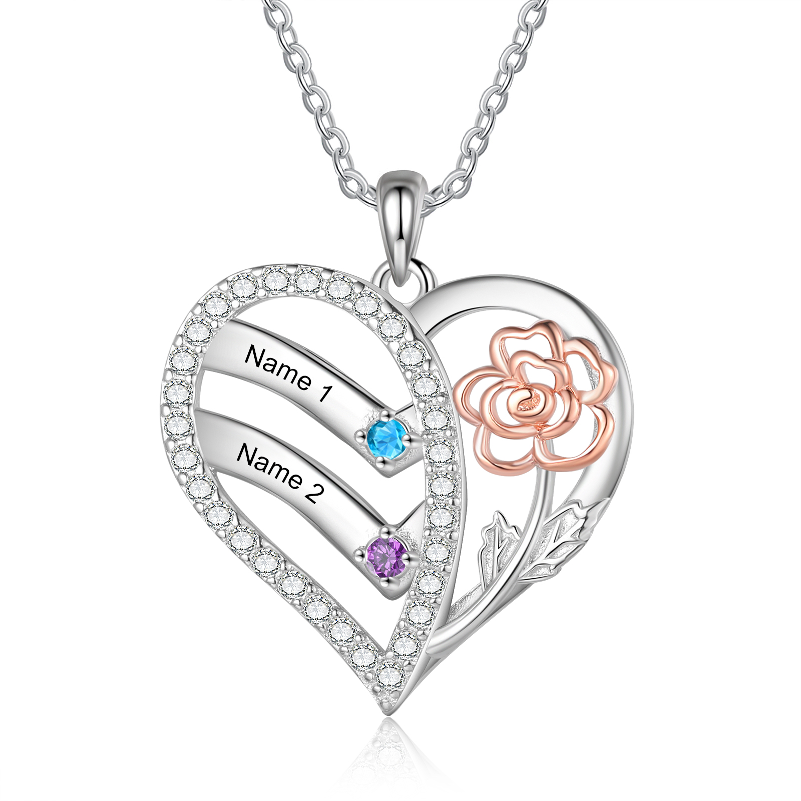 Collana Cuore Personalizzata - Ciondolo Donna con 2 Nomi e 2 Pietre di Nascita, Design Elegante con Fiore Delicato | Regalo di Natale per Mamma/Nonna | Jessemade