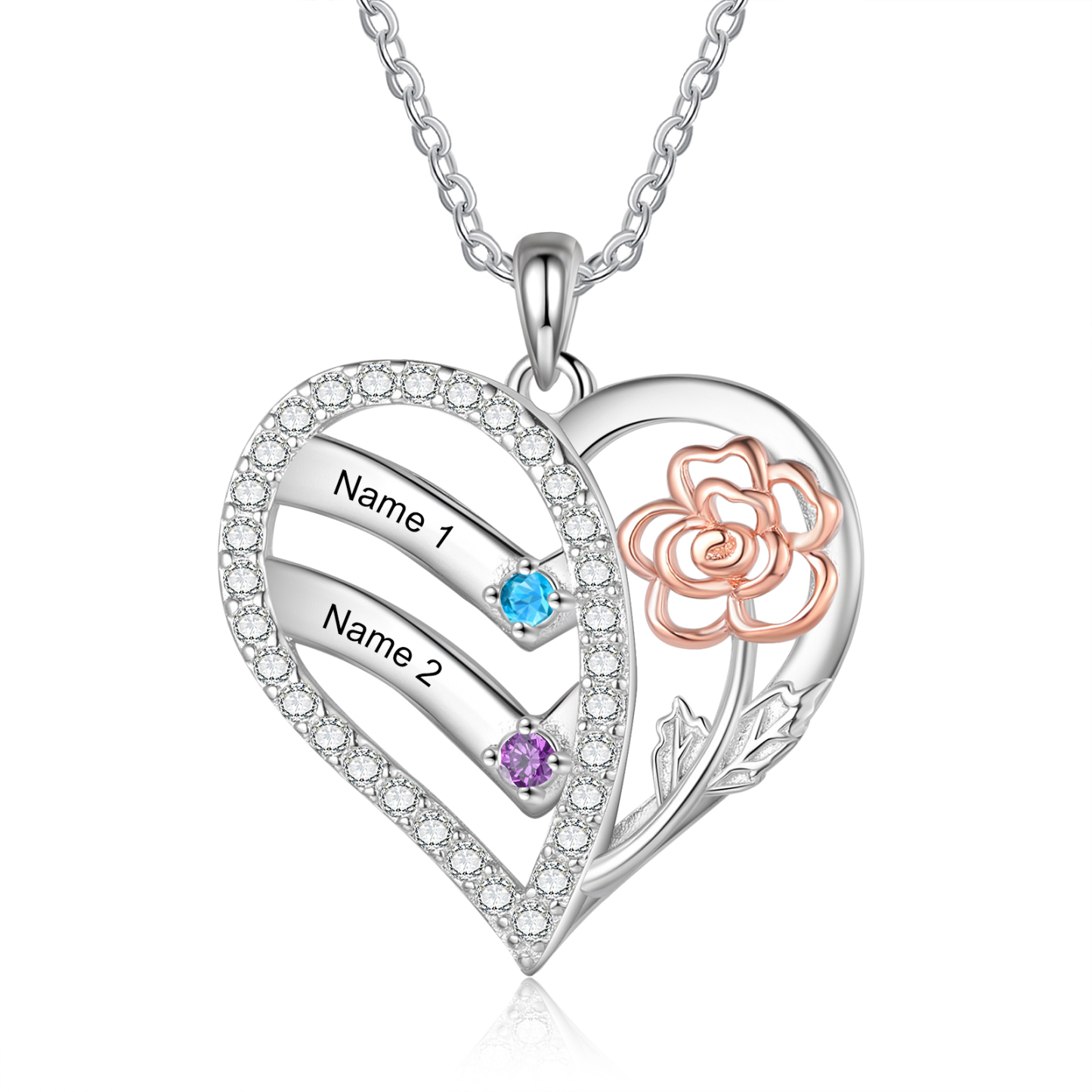 Collana Cuore Personalizzata - Ciondolo Donna con 2 Nomi e 2 Pietre di