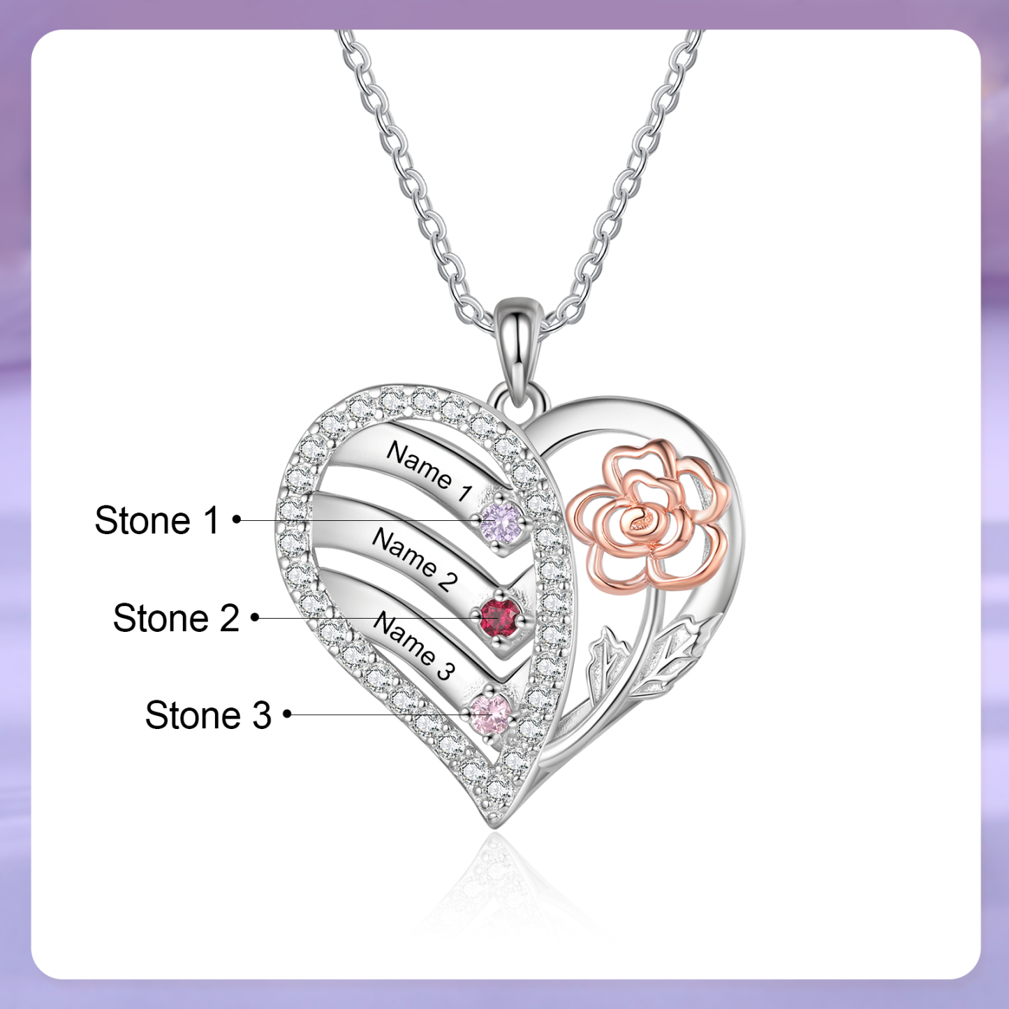Collana Cuore Personalizzata - Ciondolo Donna con 3 Nomi e 3 Pietre di Nascita, Design Elegante con Fiore Delicato | Regalo di Natale per Mamma/Nonna | Jessemade