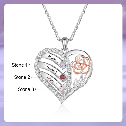 Collana Cuore Personalizzata - Ciondolo Donna con 3 Nomi e 3 Pietre di Nascita, Design Elegante con Fiore Delicato | Regalo di Natale per Mamma/Nonna | Jessemade