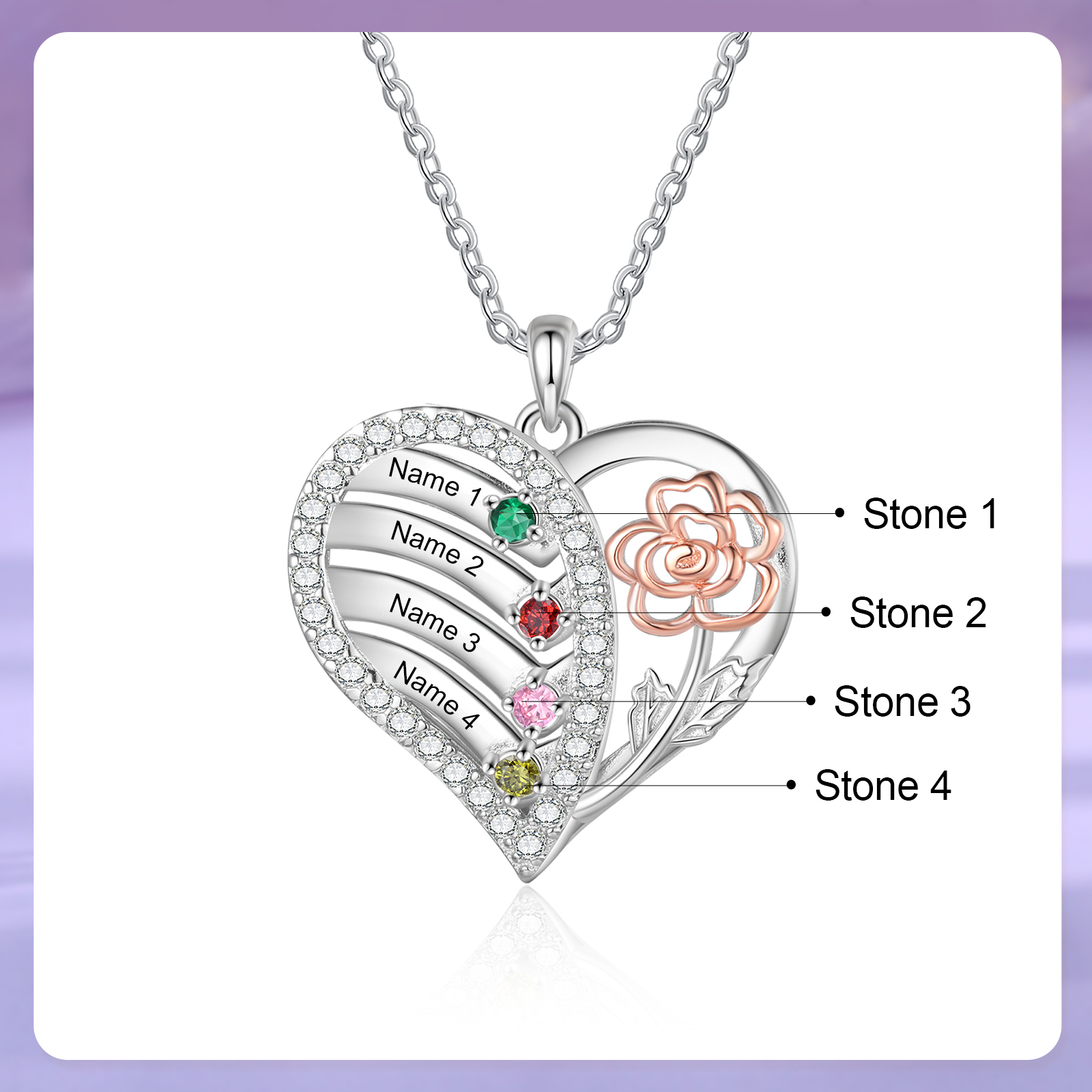 Collana Cuore Personalizzata - Ciondolo Donna con 4 Nomi e 4 Pietre di Nascita, Design Elegante con Fiore Delicato | Regalo di Natale per Mamma/Nonna | Jessemade