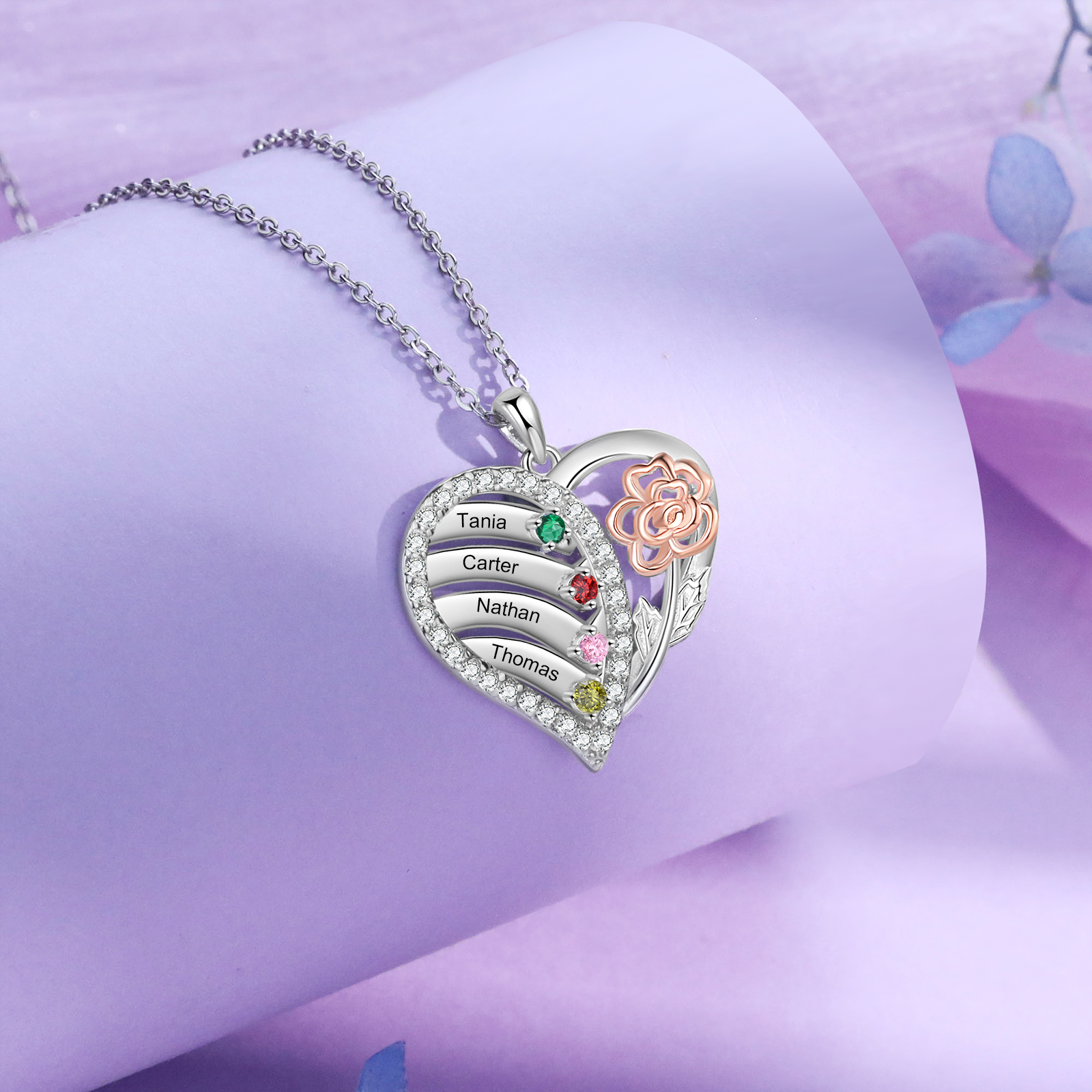 Collana Cuore Personalizzata - Ciondolo Donna con 4 Nomi e 4 Pietre di Nascita, Design Elegante con Fiore Delicato | Regalo di Natale per Mamma/Nonna | Jessemade
