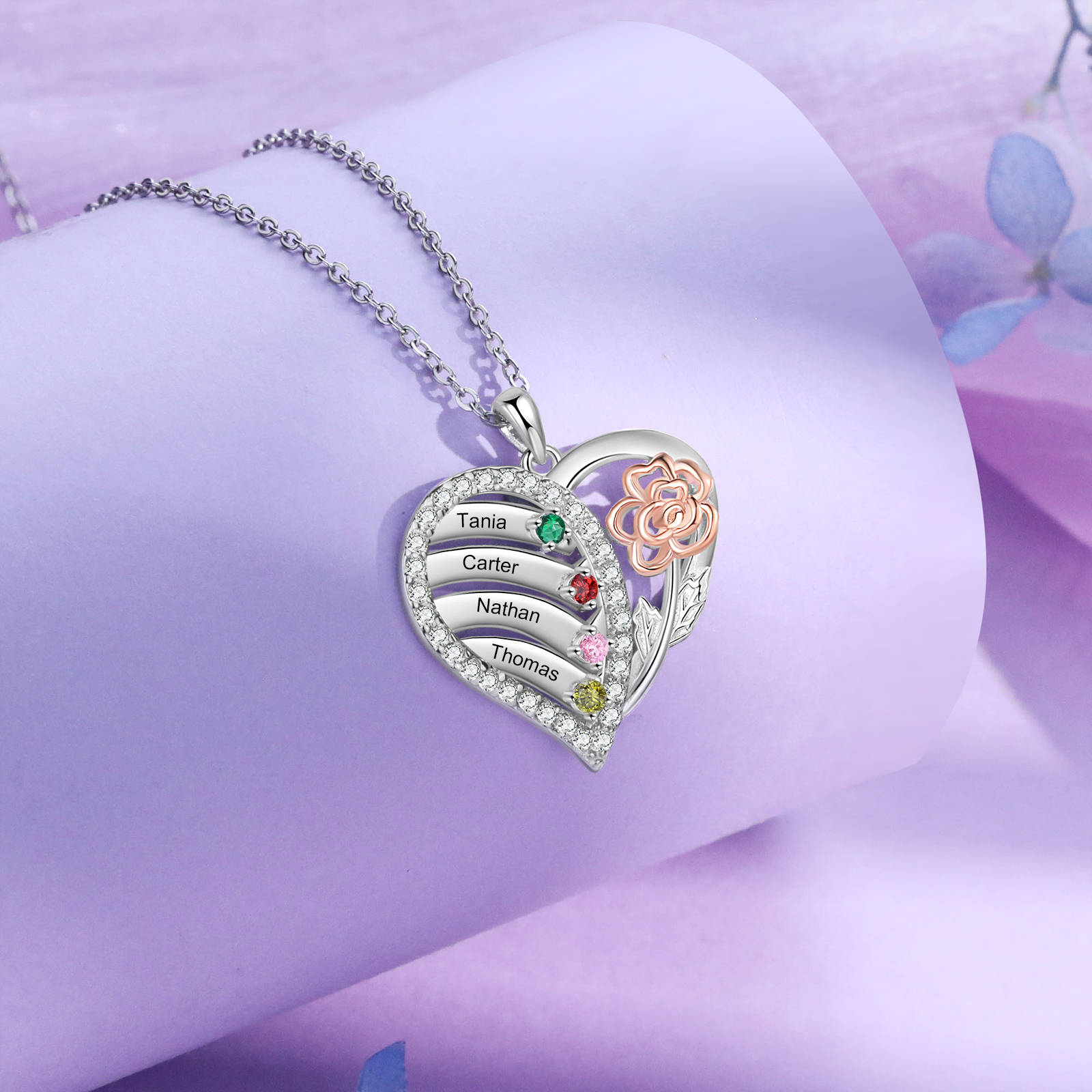 Collana Cuore Personalizzata - Ciondolo Donna con 4 Nomi e 4 Pietre di Nascita, Design Elegante con Fiore Delicato | Regalo di Natale per Mamma/Nonna | Jessemade