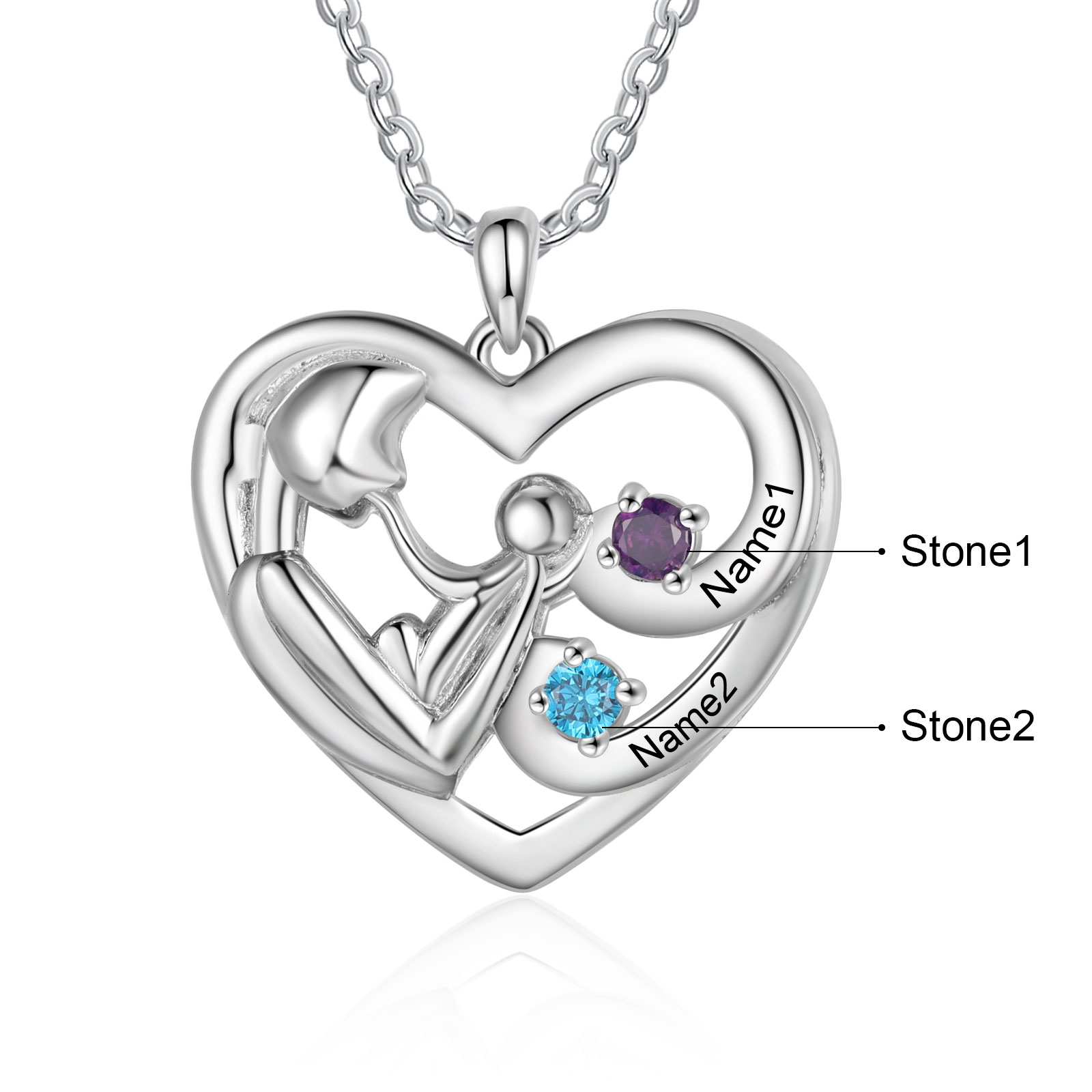 Personalised Heart Necklace with 2 Names & 2 Birthstones Jewelry Pendant Gift for Her | Jessemade