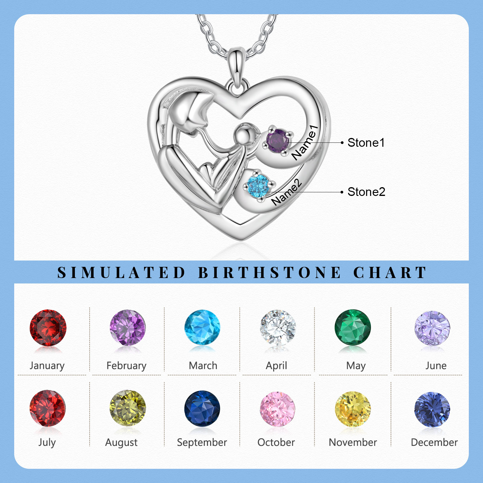Personalised Heart Necklace with 2 Names & 2 Birthstones Jewelry Pendant Gift for Her | Jessemade