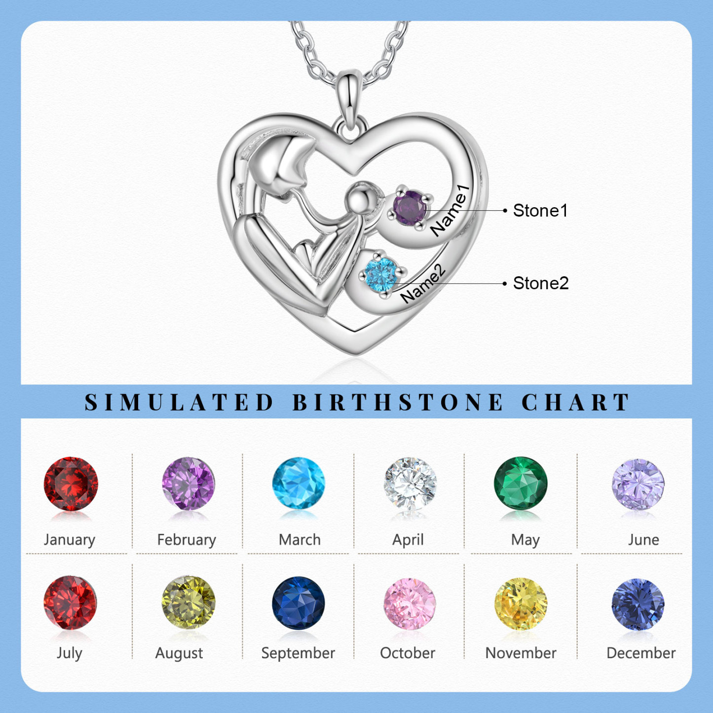 Personalised Heart Necklace with 2 Names & 2 Birthstones Jewelry Pendant Gift for Her | Jessemade