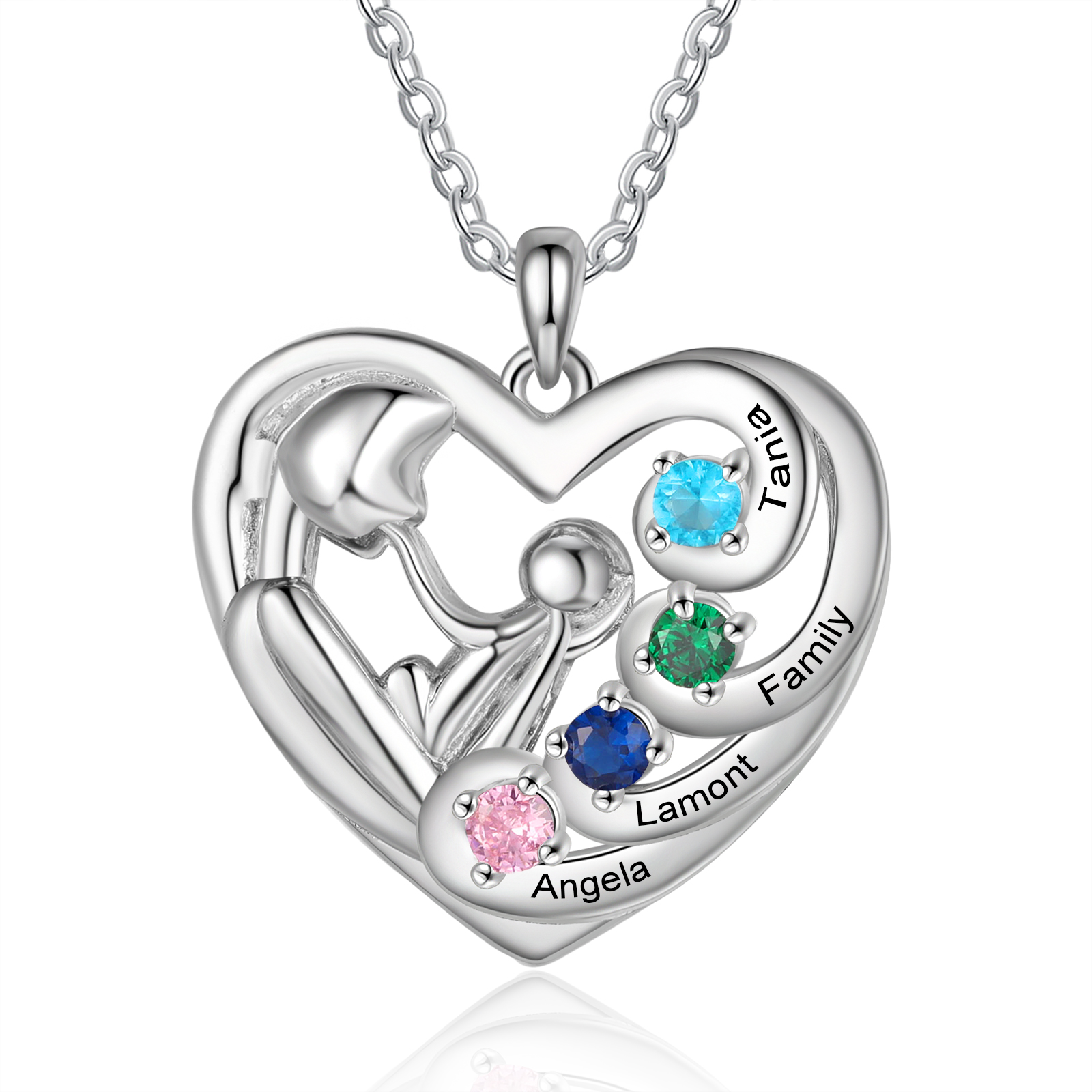 Personalised Heart Necklace with 4 Names & 4 Birthstones Jewelry Pendant Gift for Her | Jessemade