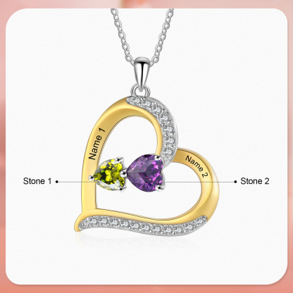 Personalised Women's Necklace with 2 Names & 2 Birthstones - Heart Pendant Christmas Gift for Her | Jessemade