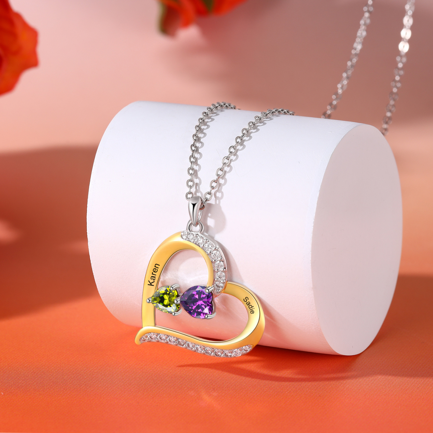 Personalised Women's Necklace with 2 Names & 2 Birthstones - Heart Pendant Christmas Gift for Her | Jessemade