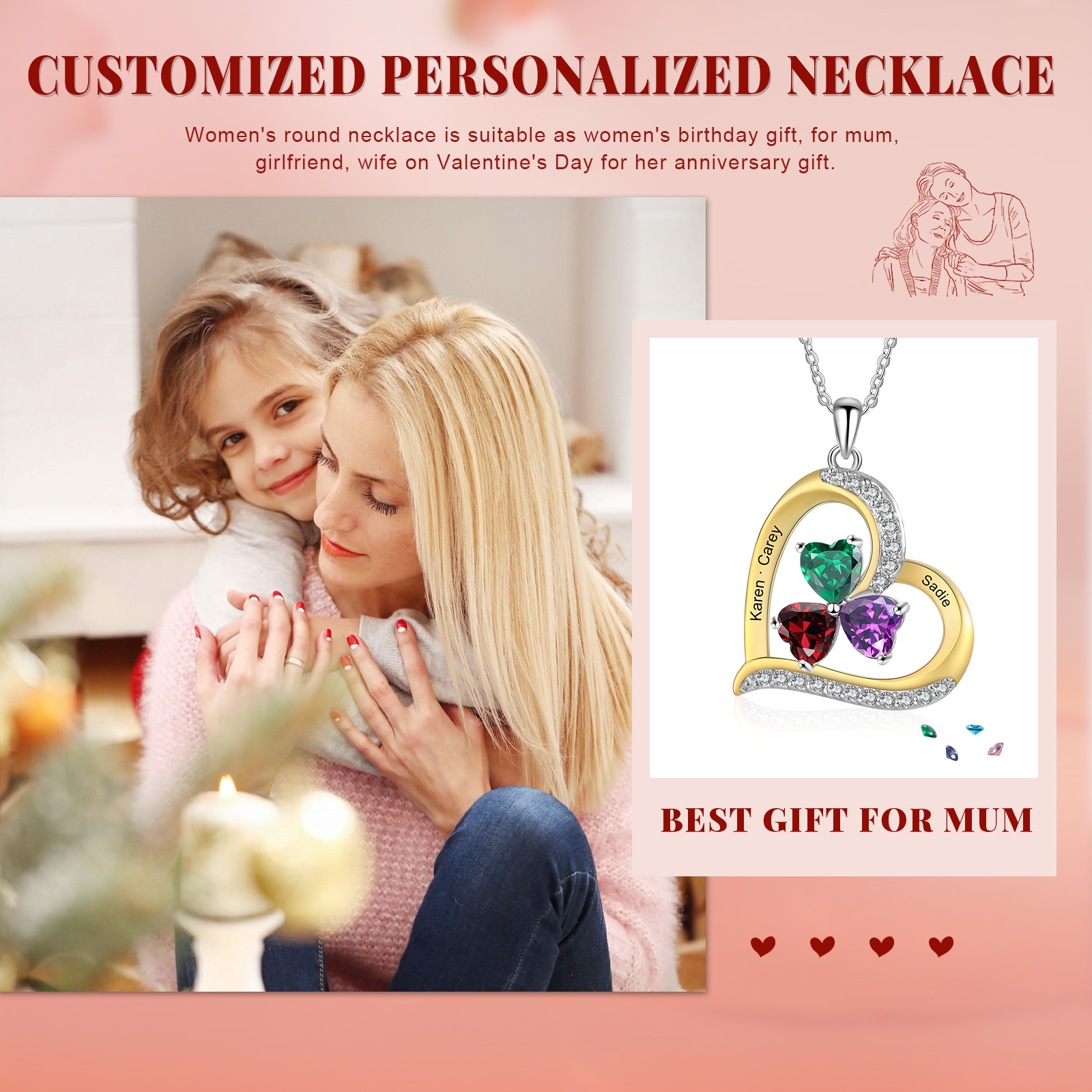 Personalised Women's Necklace with 3 Names & 3 Birthstones - Heart Pendant Christmas Gift for Her | Jessemade