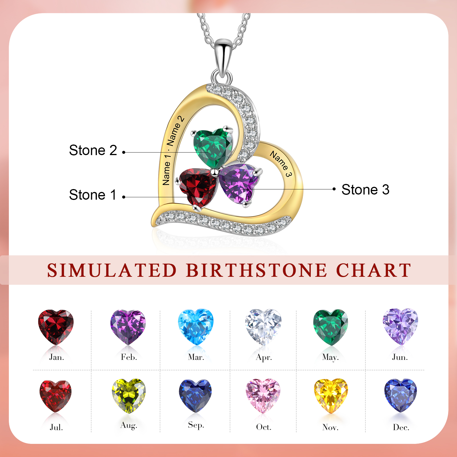 Personalised Women's Necklace with 3 Names & 3 Birthstones - Heart Pendant Christmas Gift for Her | Jessemade