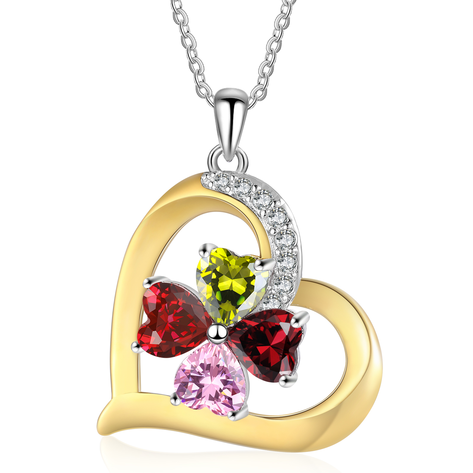 Personalised Women's Necklace with 4 Names & 4 Birthstones - Heart Pendant Christmas Gift for Her | Jessemade