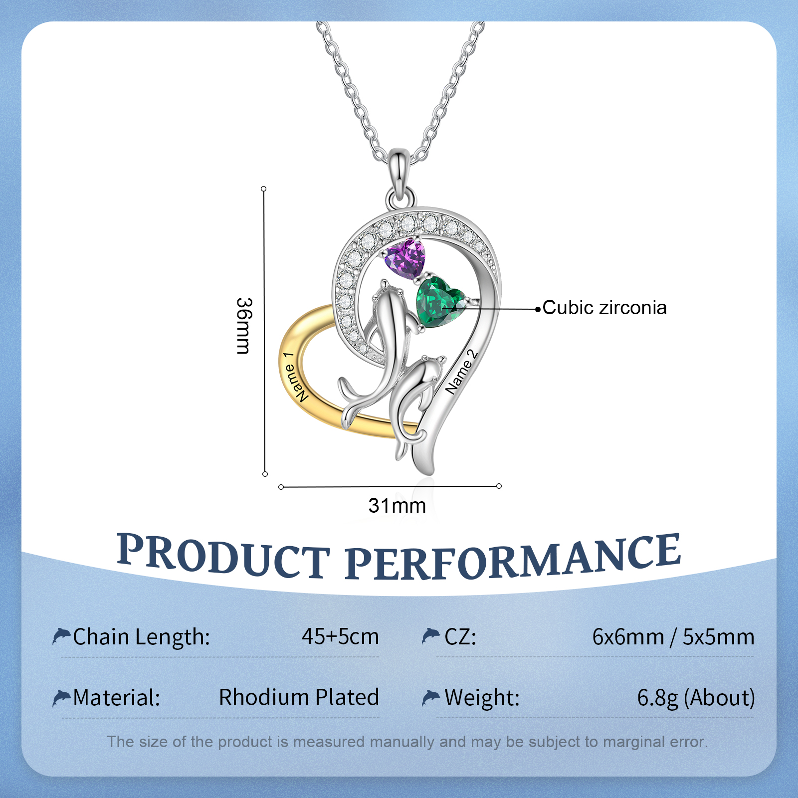 Personalised Dolphin Heart Necklace with Custom 2 Names & 2 Birthstones Christmas Gift for Her | Jessemade