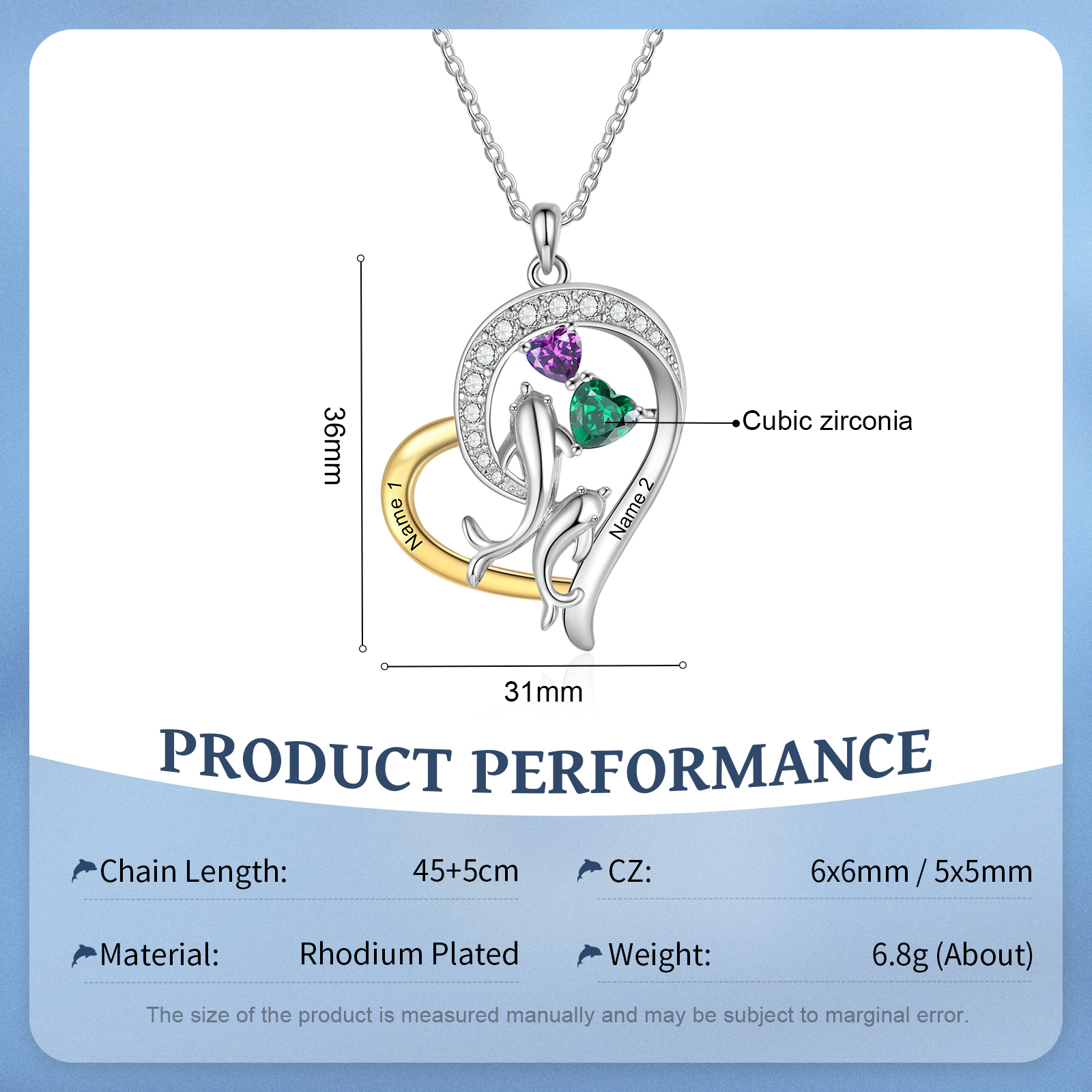 Personalised Dolphin Heart Necklace with Custom 2 Names & 2 Birthstones Christmas Gift for Her | Jessemade