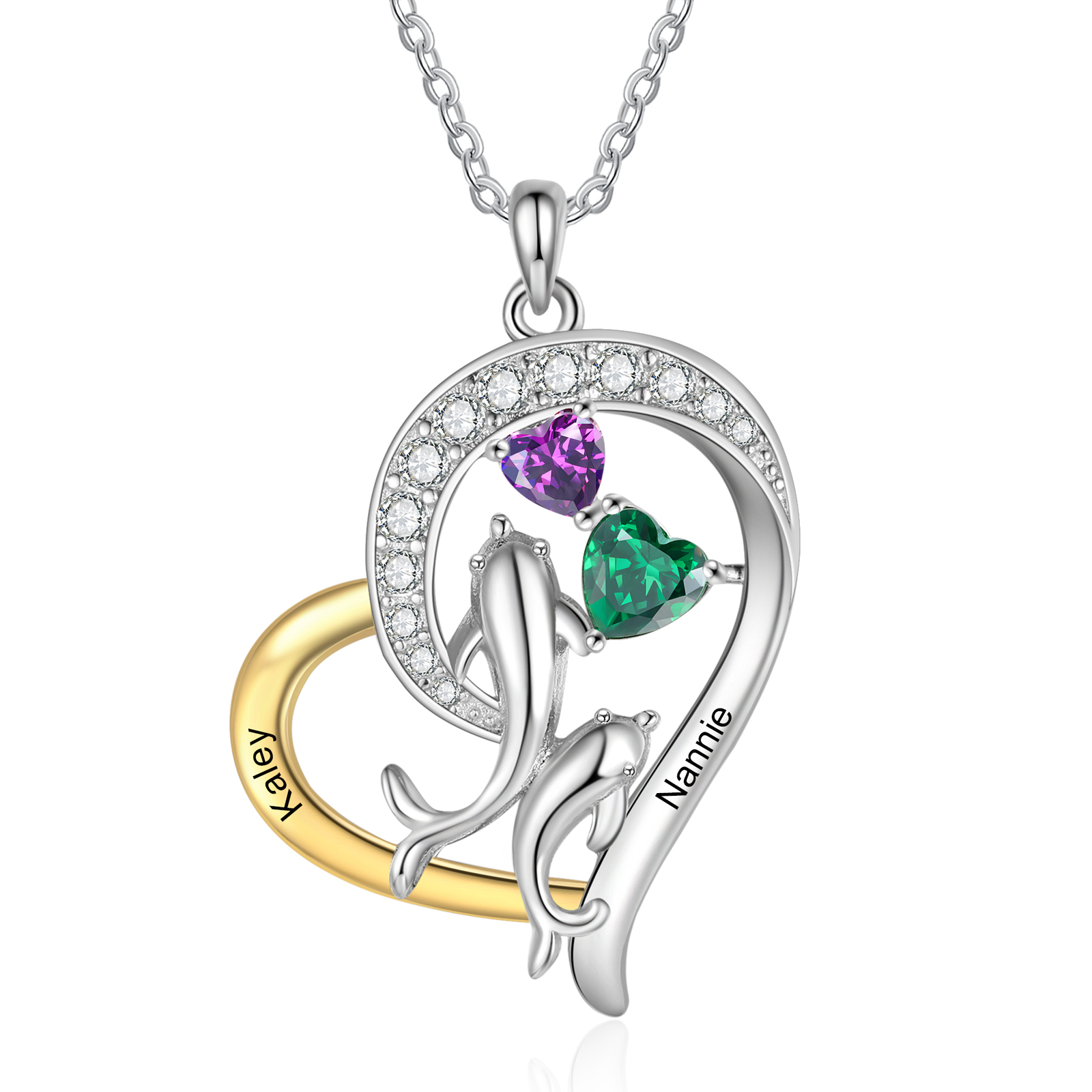 Collana personalizzata con cuore di delfino con 2 nomi personalizzati