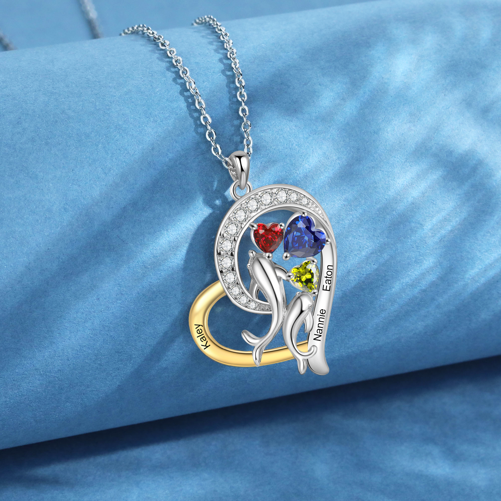 Personalised Dolphin Heart Necklace with Custom 3 Names & 3 Birthstones Christmas Gift for Her | Jessemade
