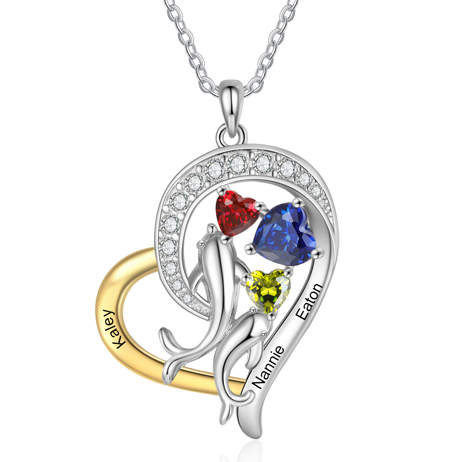 Collana personalizzata con cuore di delfino con 3 nomi personalizzati