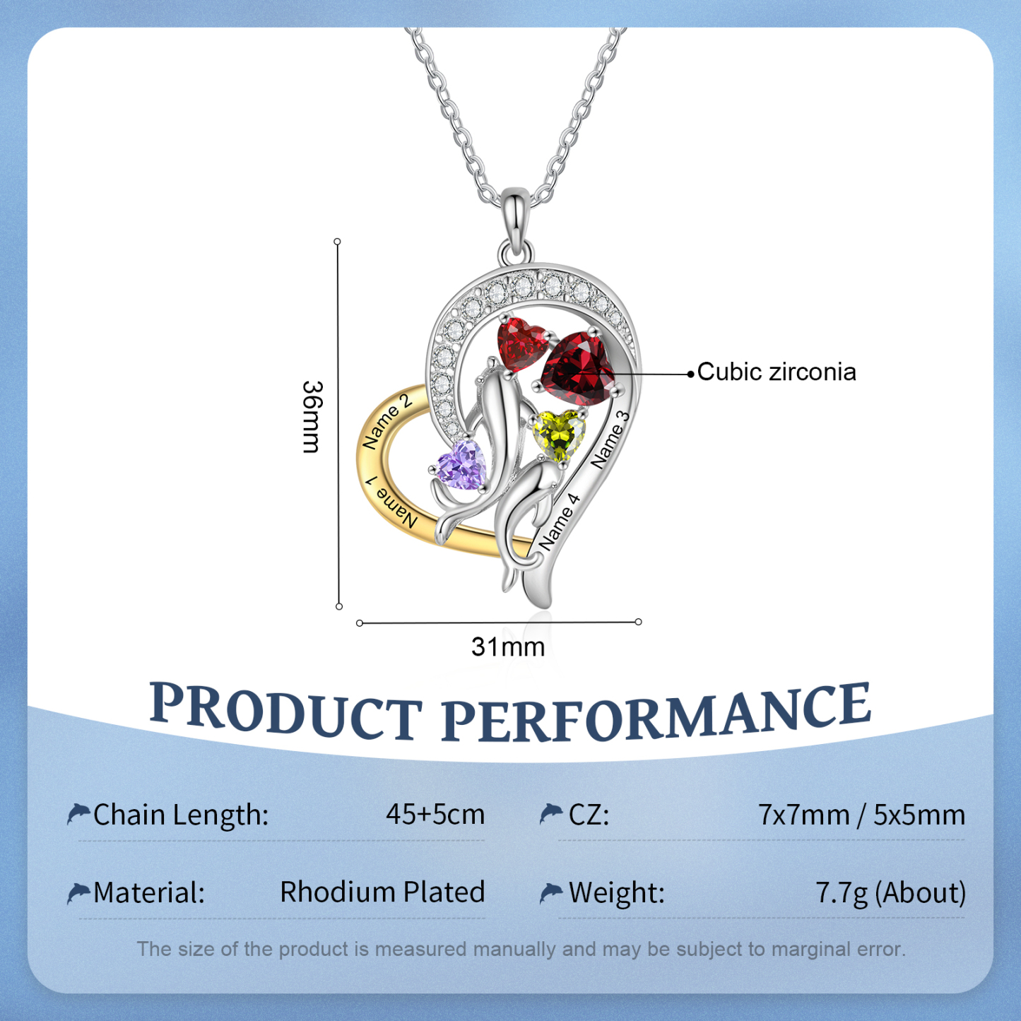 Personalised Dolphin Heart Necklace with Custom 4 Names & 4 Birthstones Christmas Gift for Her | Jessemade