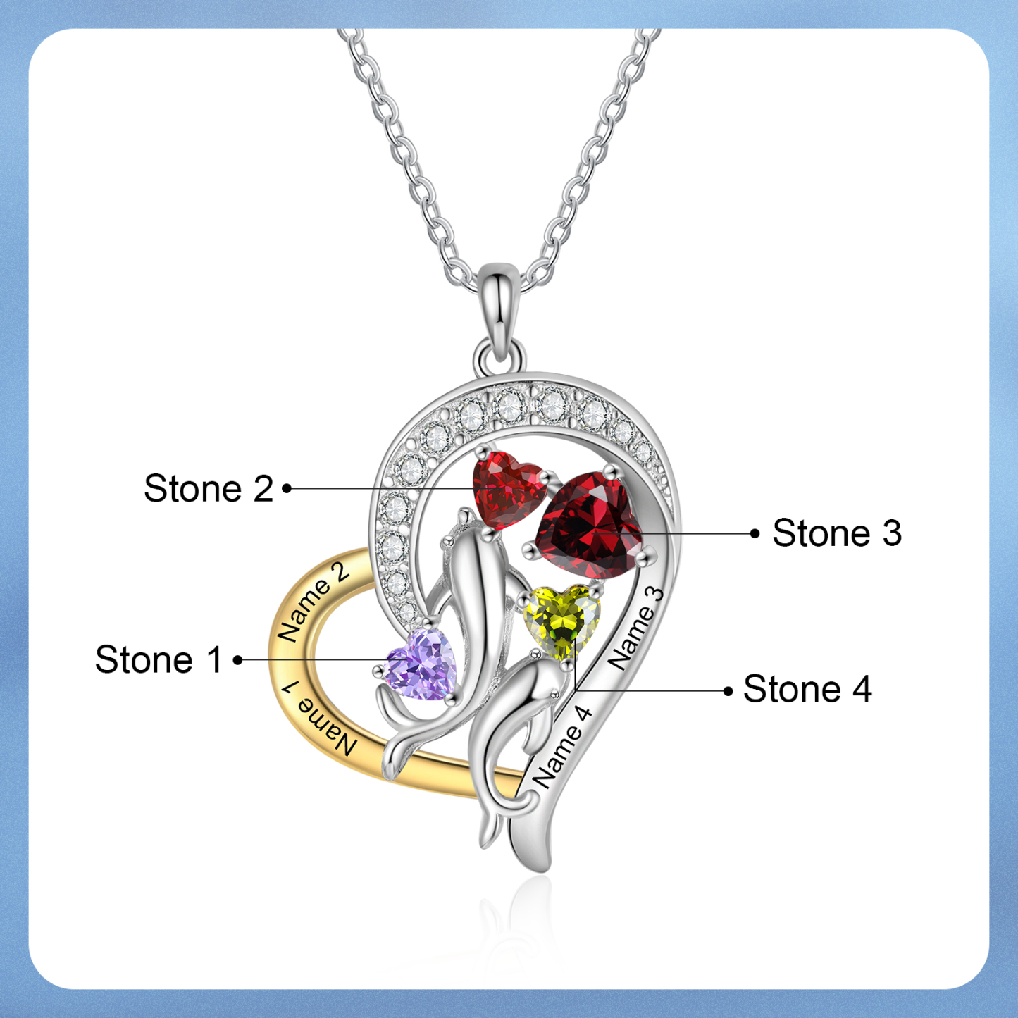 Personalised Dolphin Heart Necklace with Custom 4 Names & 4 Birthstones Christmas Gift for Her | Jessemade